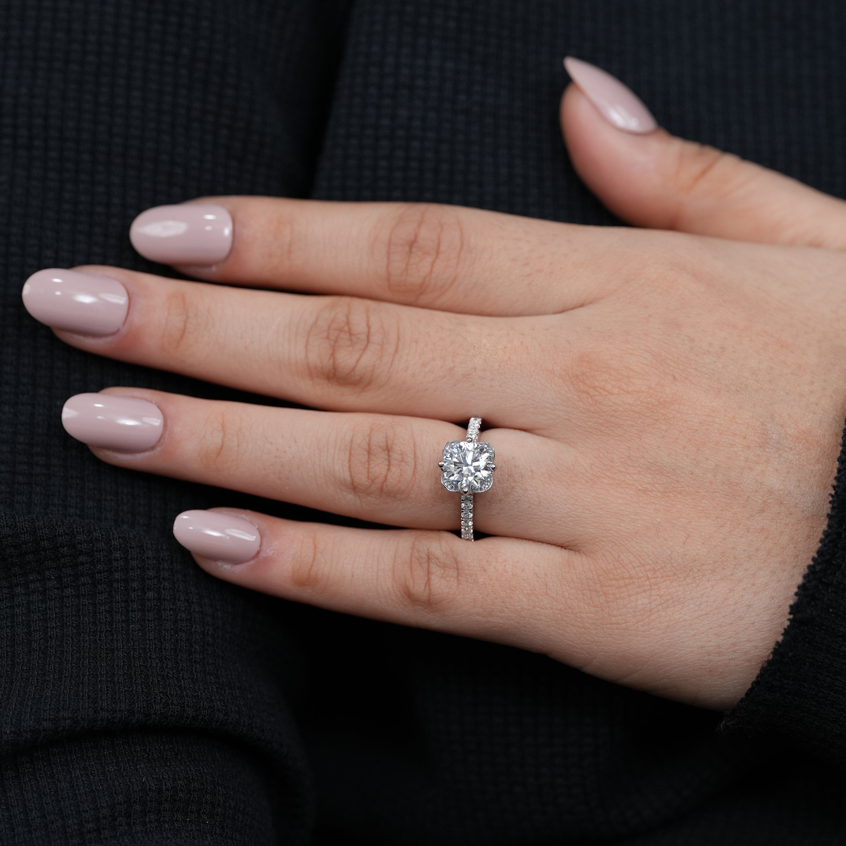 Elegant round lab grown diamond ring petal setting modern bridal