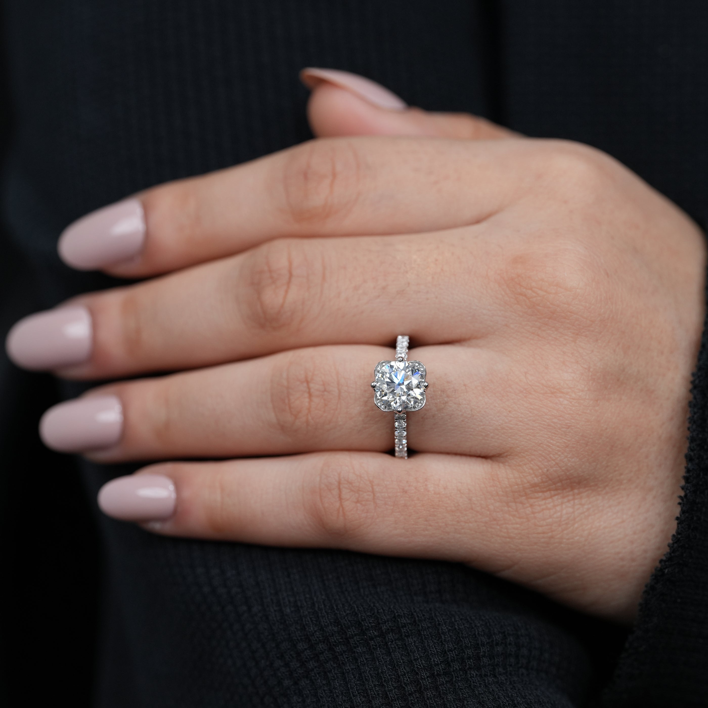 Classic floral solitaire lab grown diamond engagement ring white gold