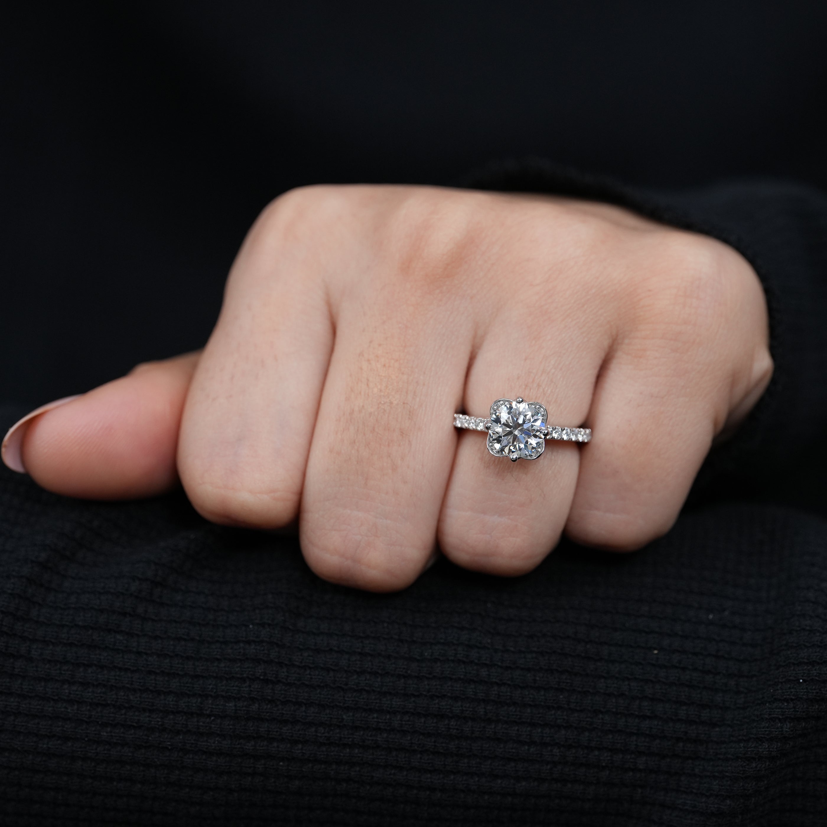 Pavé band lab grown diamond ring round center floral design