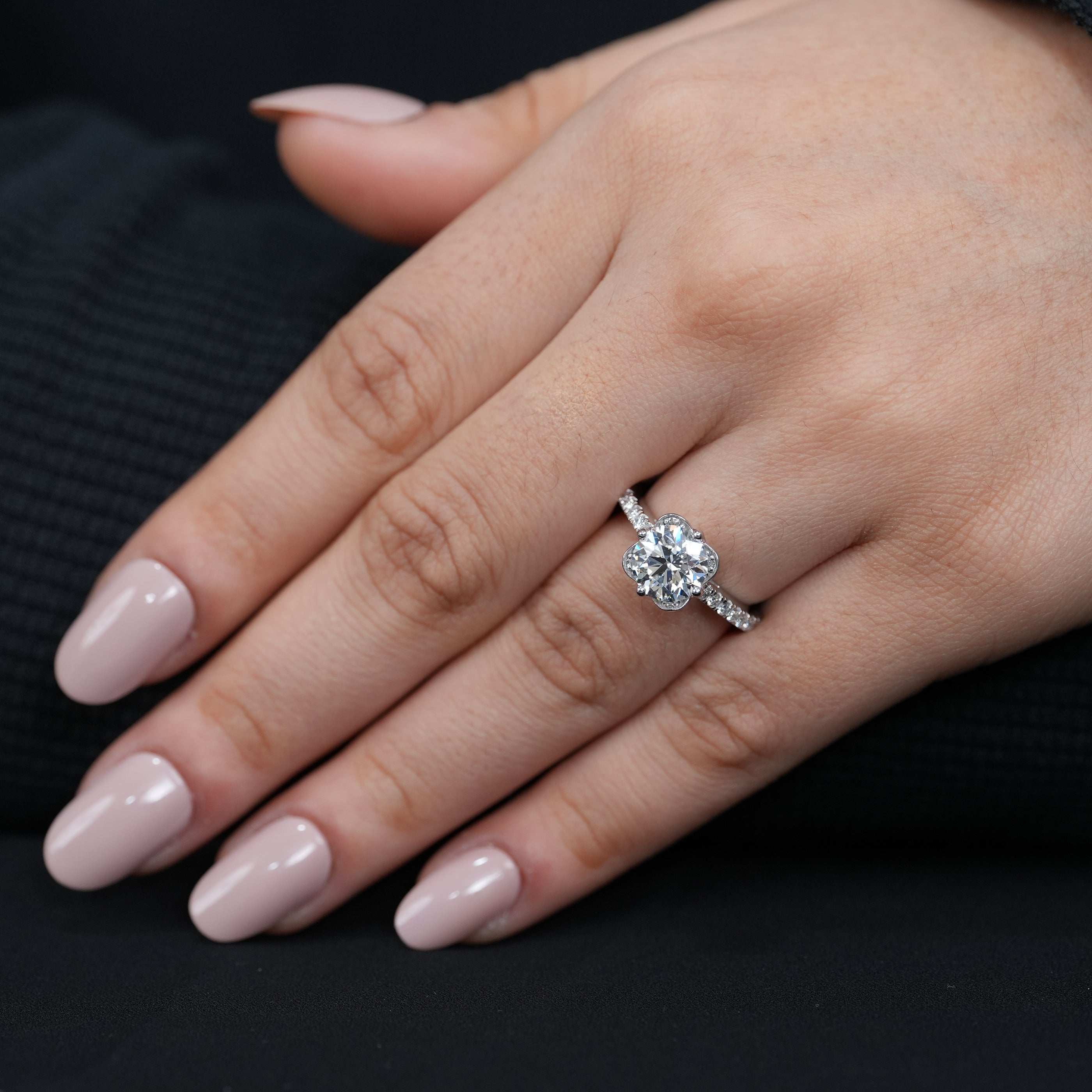 Modern petal style lab grown diamond ring delicate pavé band