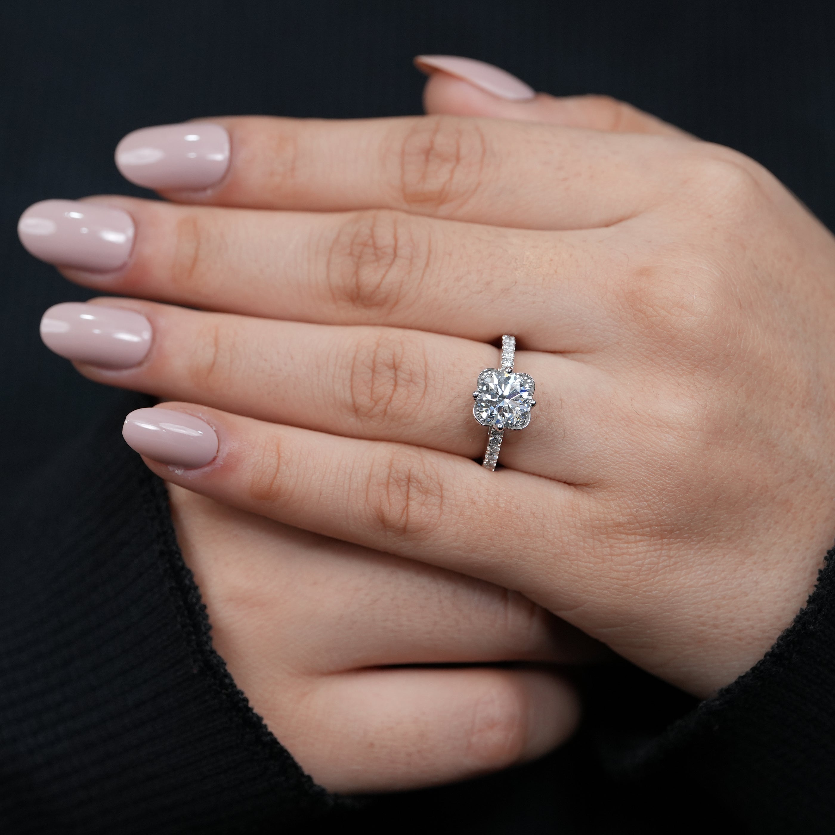Romantic floral solitaire lab grown diamond ring elegant pavé setting