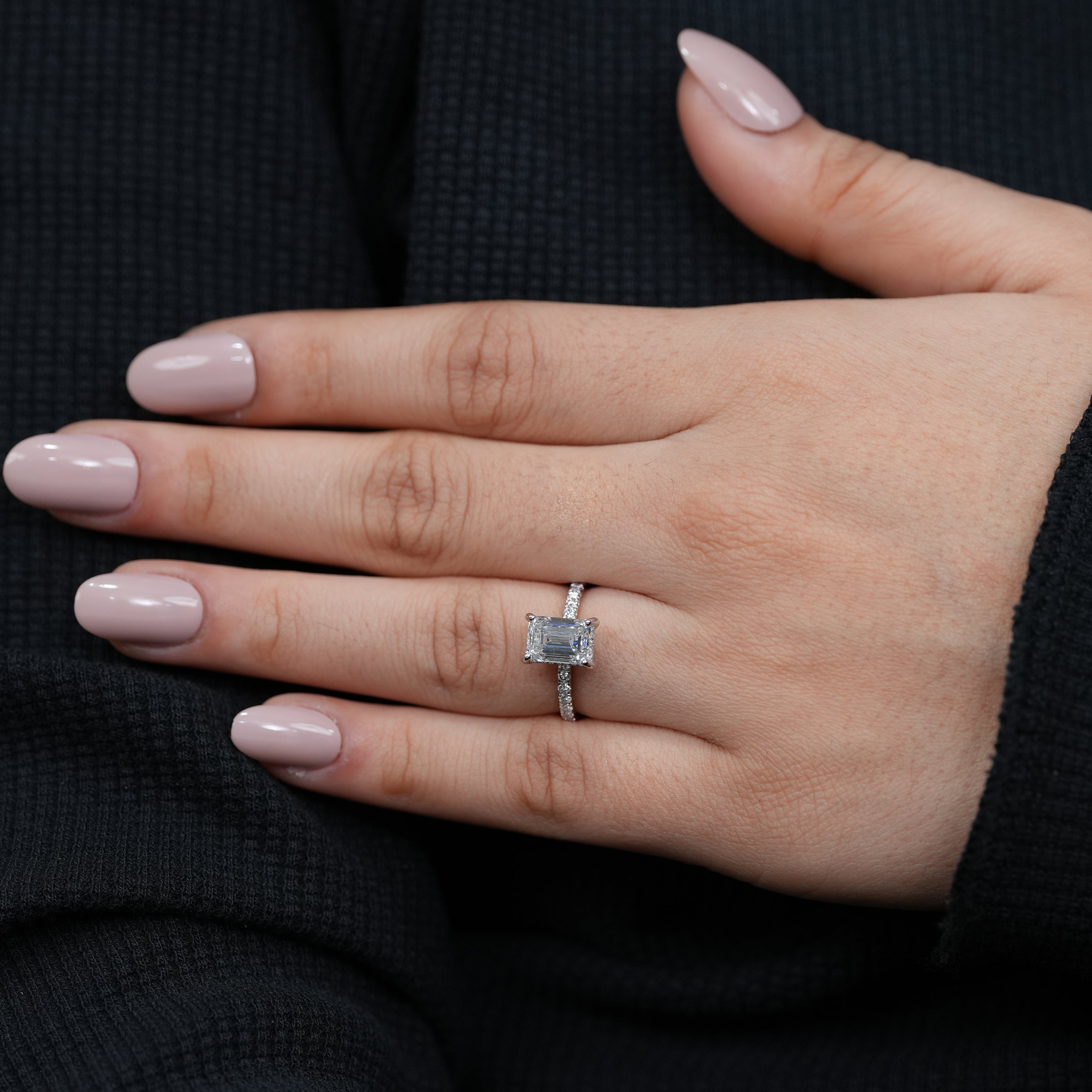 Modern emerald lab grown diamond ring delicate pavé band refined