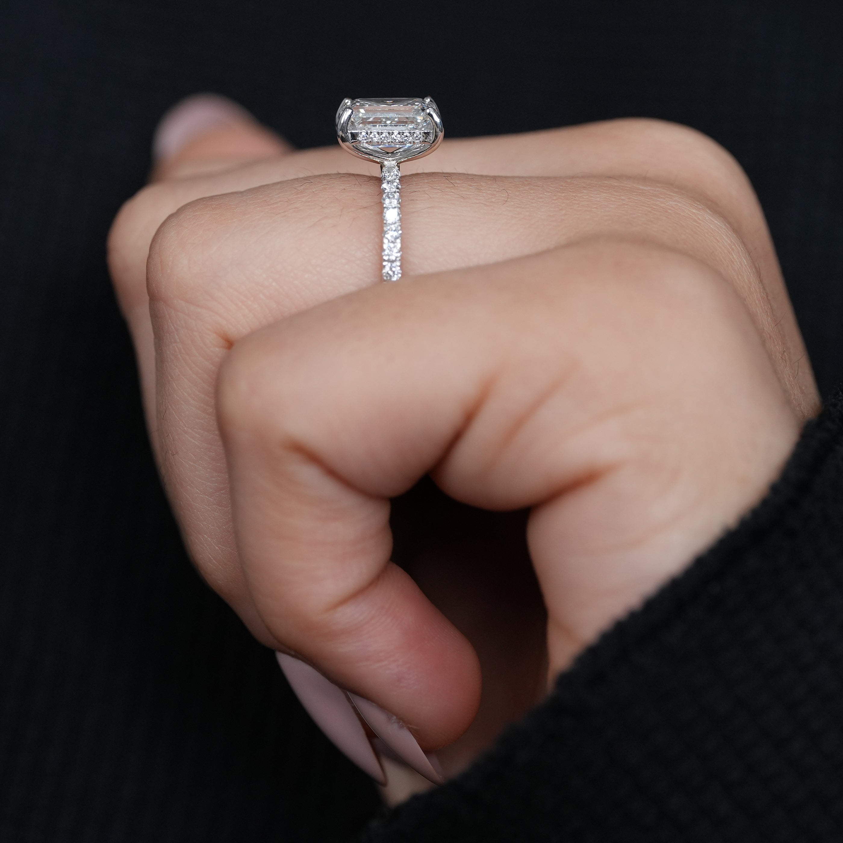 Elegant emerald lab grown diamond solitaire ring minimalist pavé setting