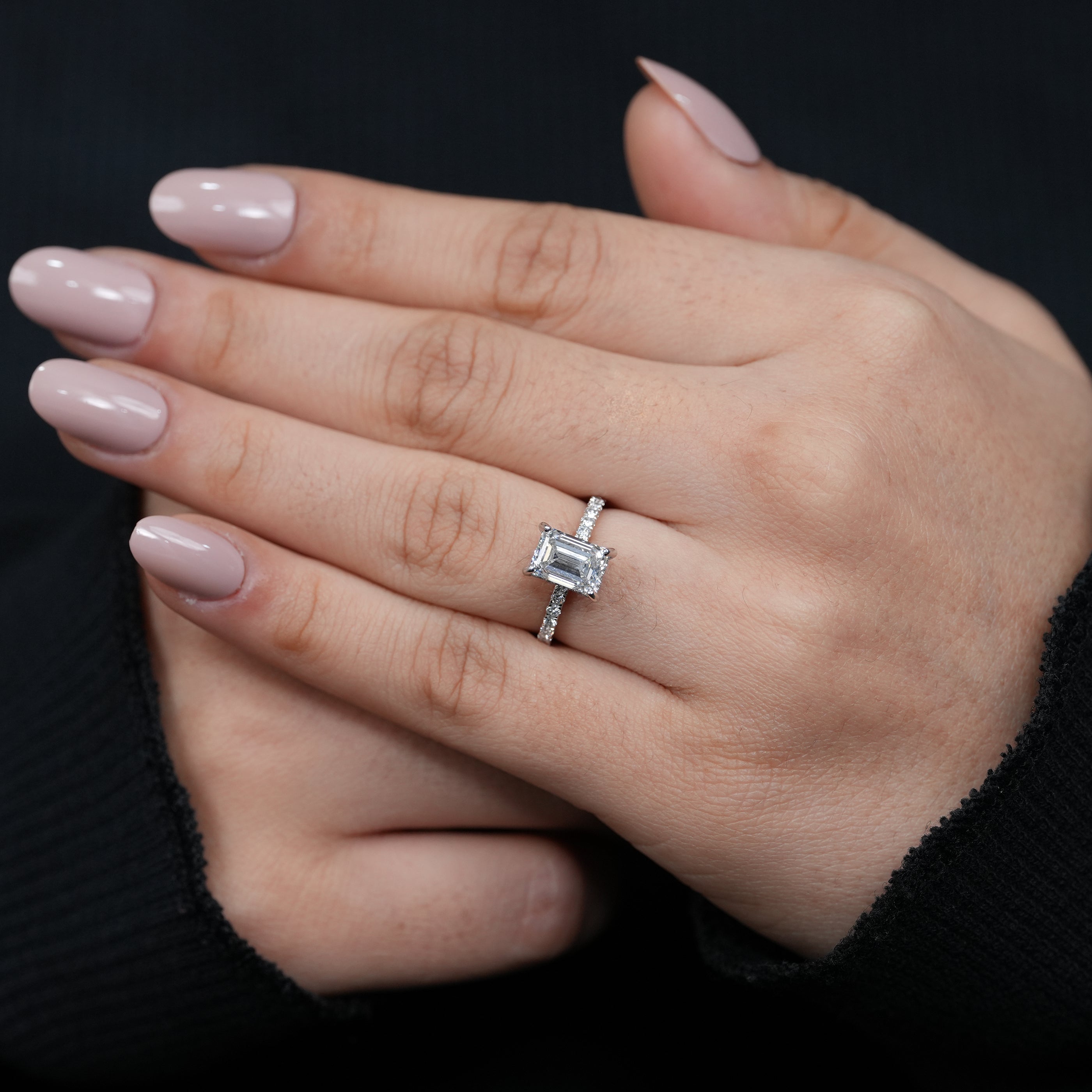 Contemporary emerald lab grown diamond engagement ring polished white gold