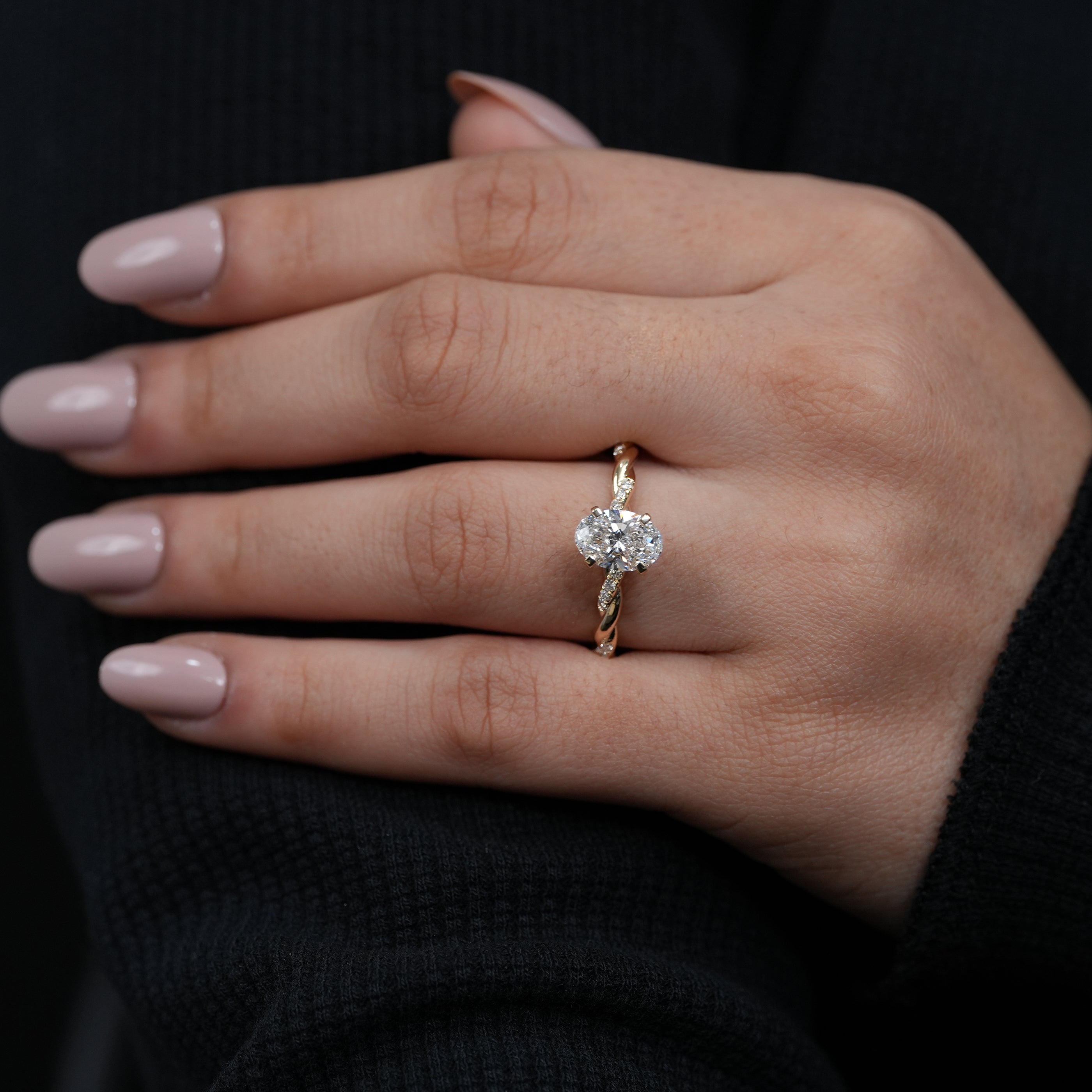 Nature inspired oval lab grown diamond ring delicate pavé twisted band