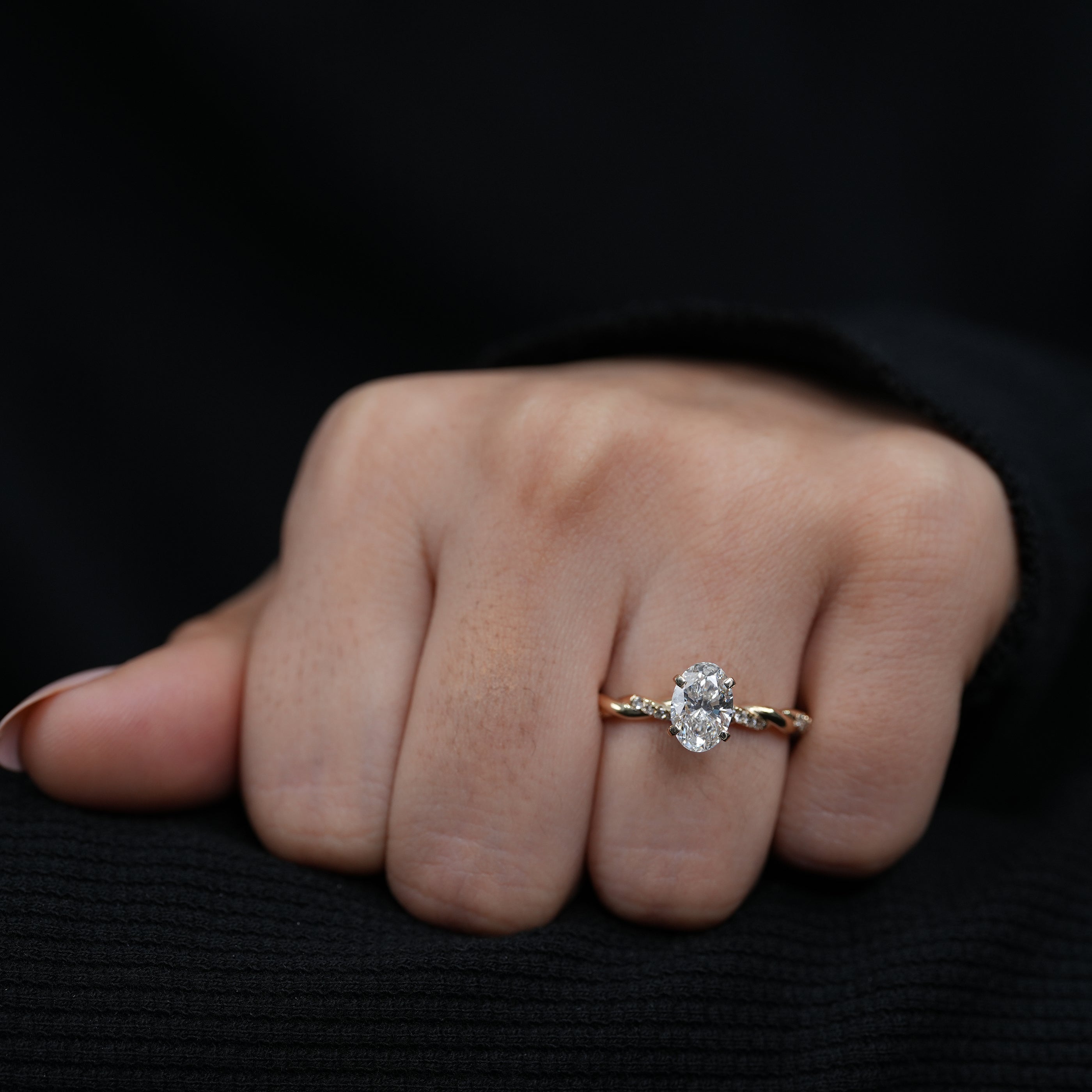 Luxury oval lab grown diamond engagement ring sculpted organic yellow gold