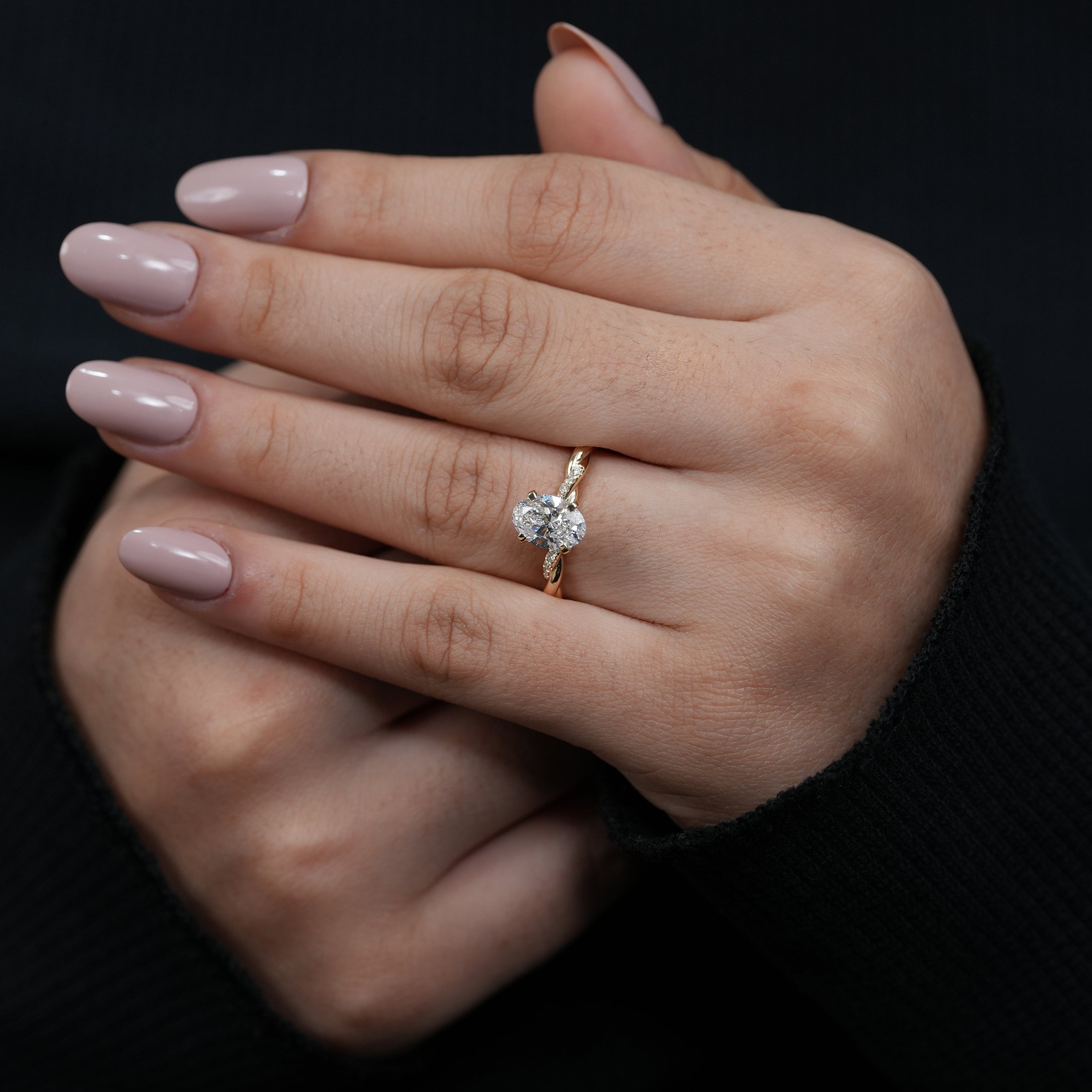 Romantic oval lab grown diamond proposal ring elegant twisted gold setting