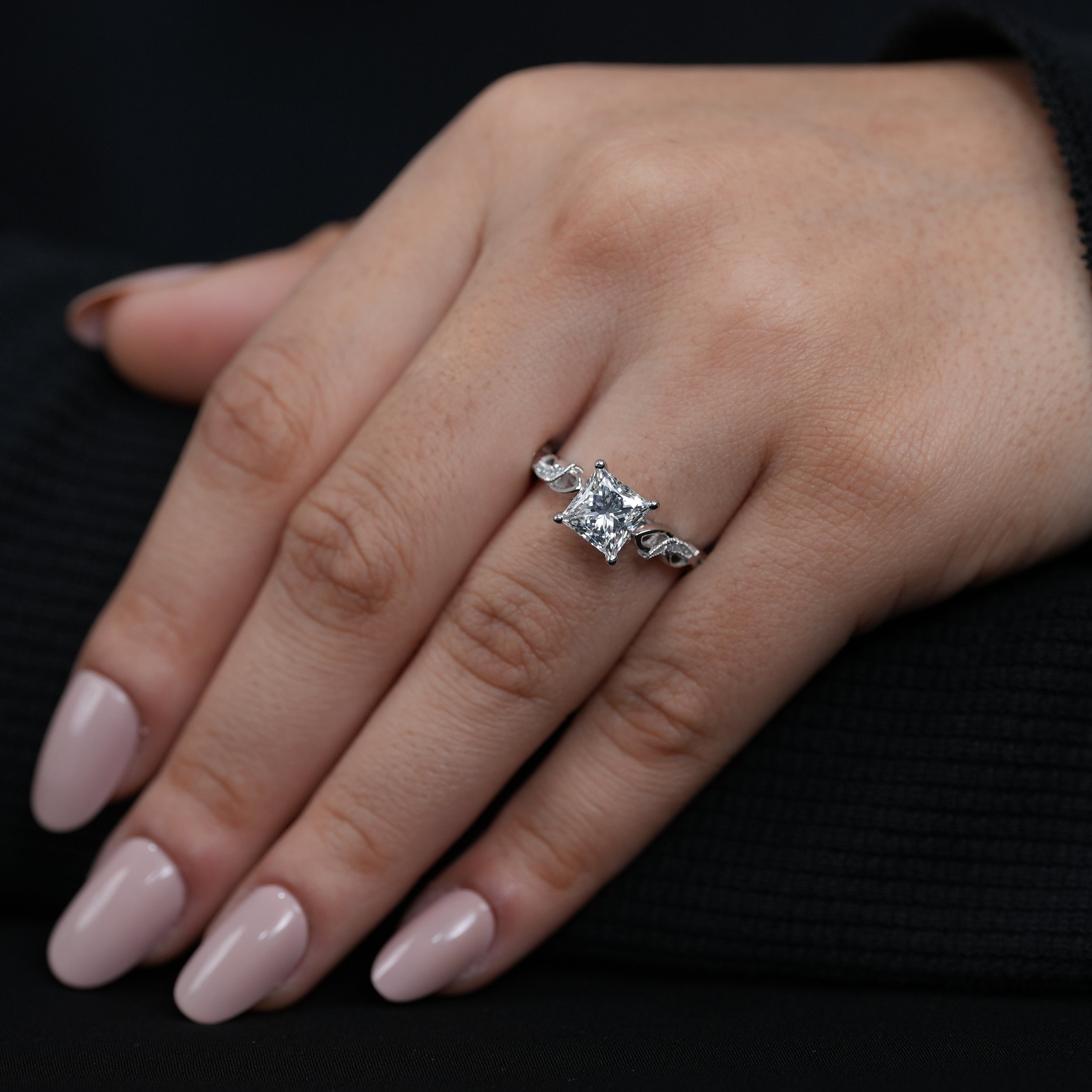 Classic square lab grown diamond engagement ring polished white metal vine band.
