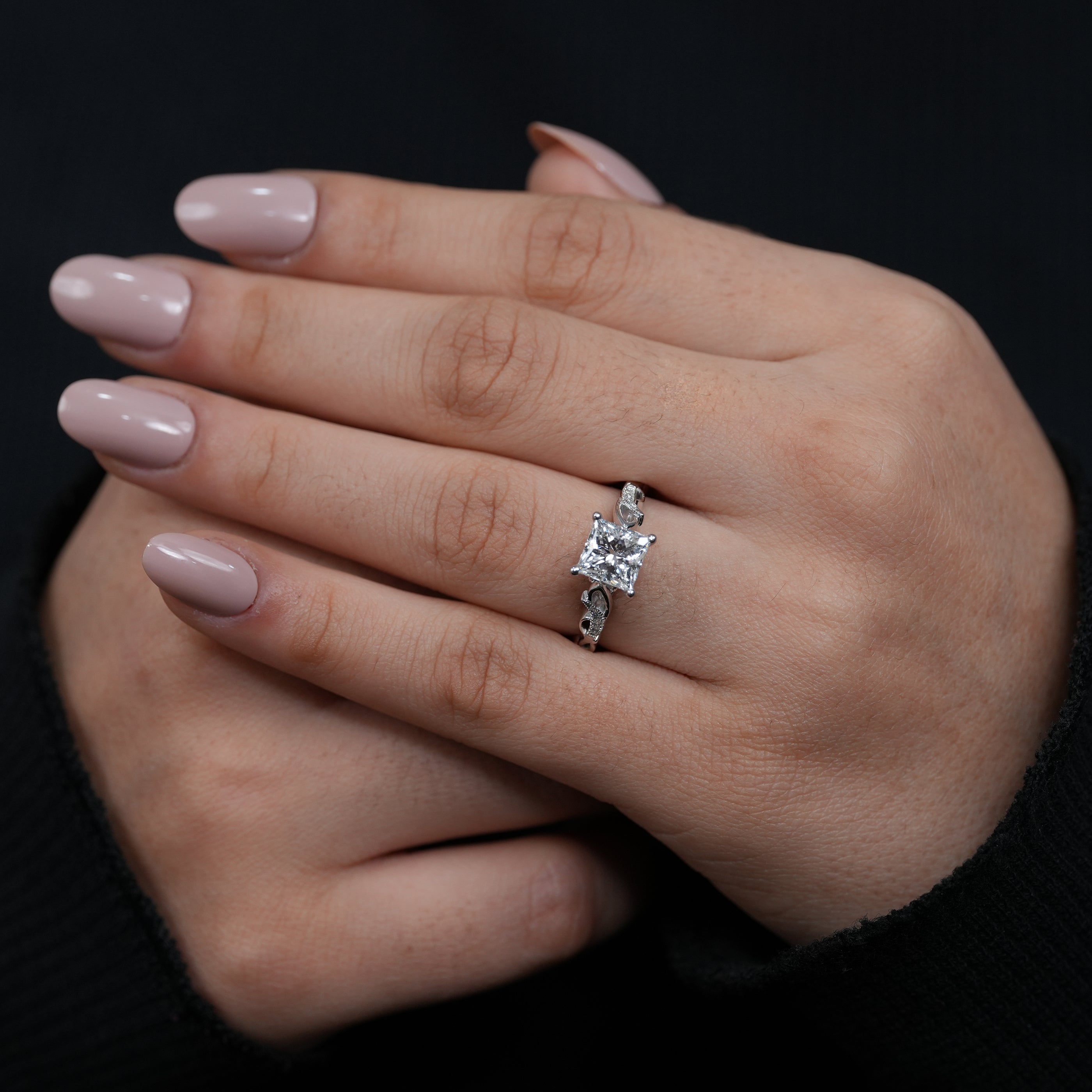 Minimal square lab grown diamond solitaire ring elegant flowing infinity shoulders.