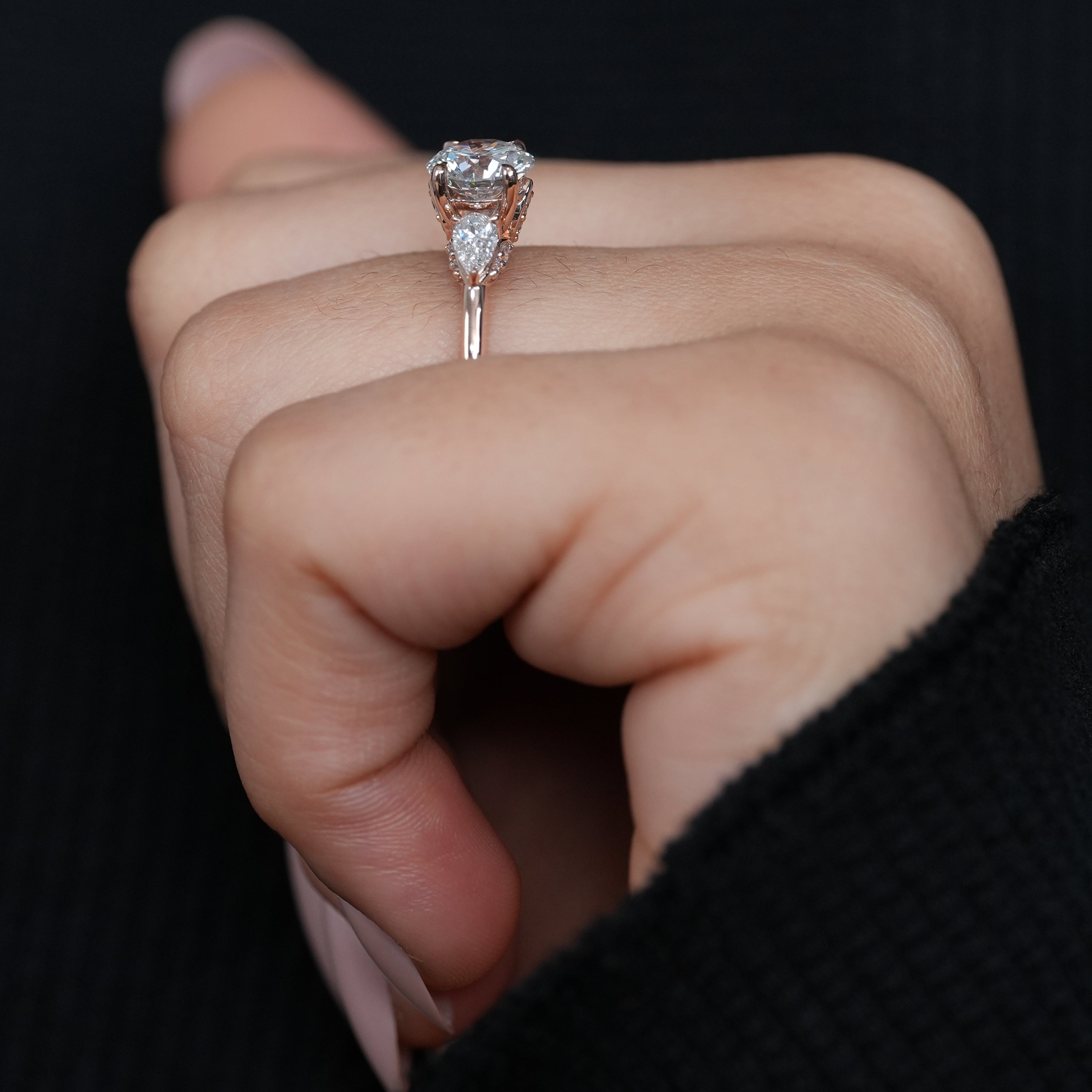 Three Stone Round Lab Diamond Engagement Ring with Pear Side Stones