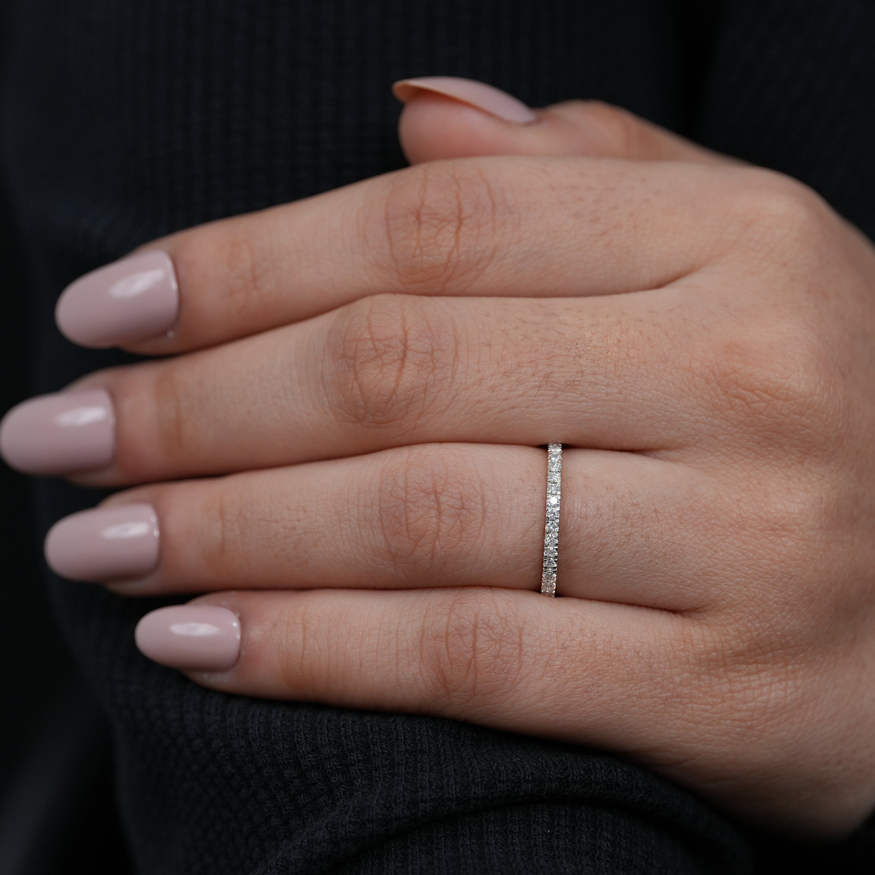 Elegant lab grown diamond wedding band minimal design slim gold profile.