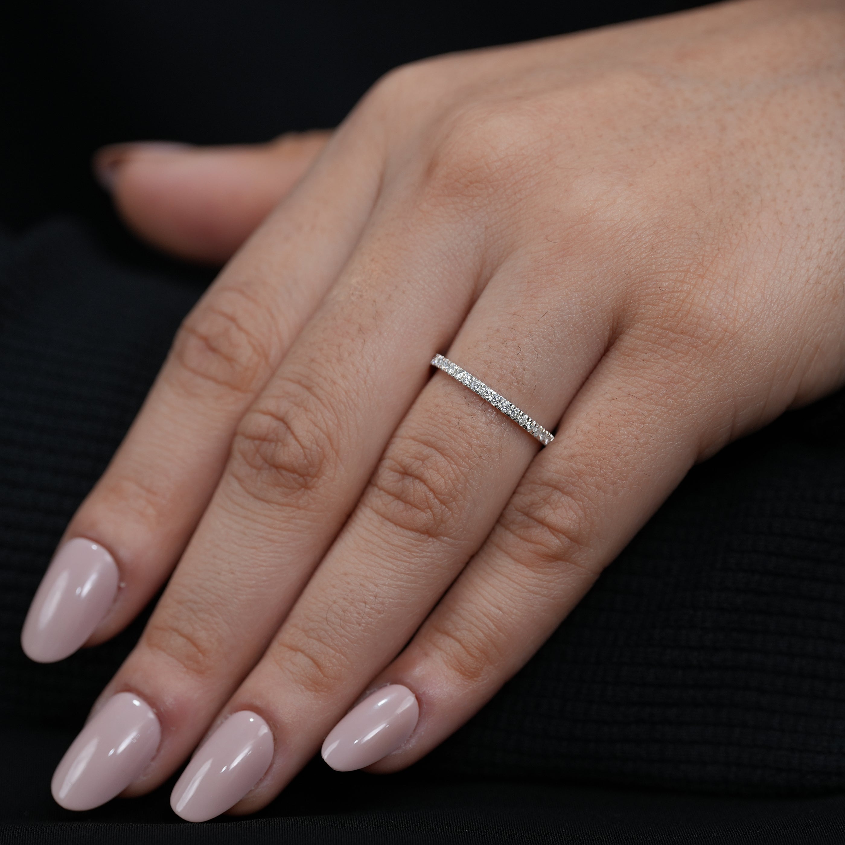 Luxury lab grown diamond slim eternity band refined minimalist bridal jewelry.