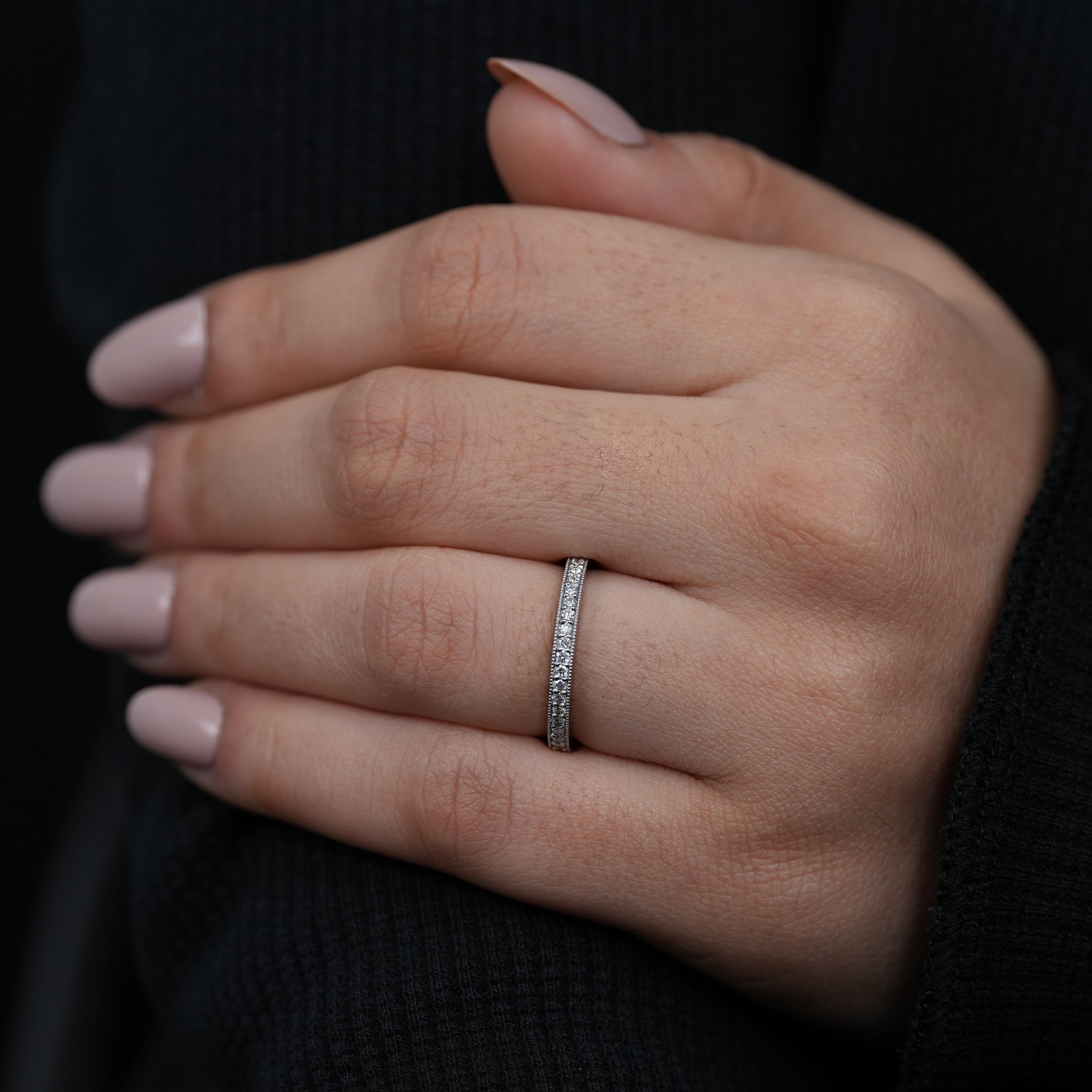 Fine jewelry white gold stacking band with sparkling lab grown diamonds