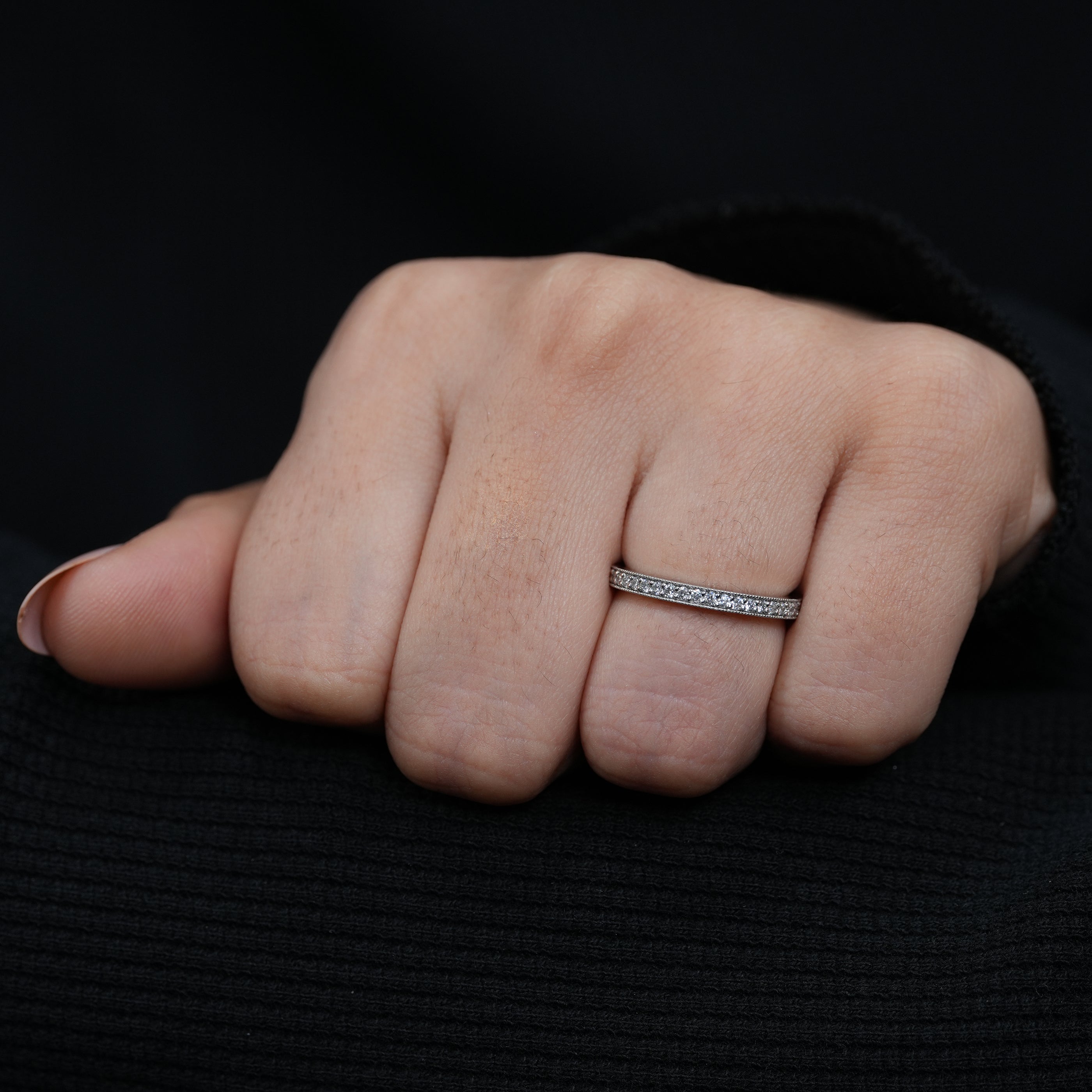 Petite white gold bridal band with pavé lab grown diamond detailing