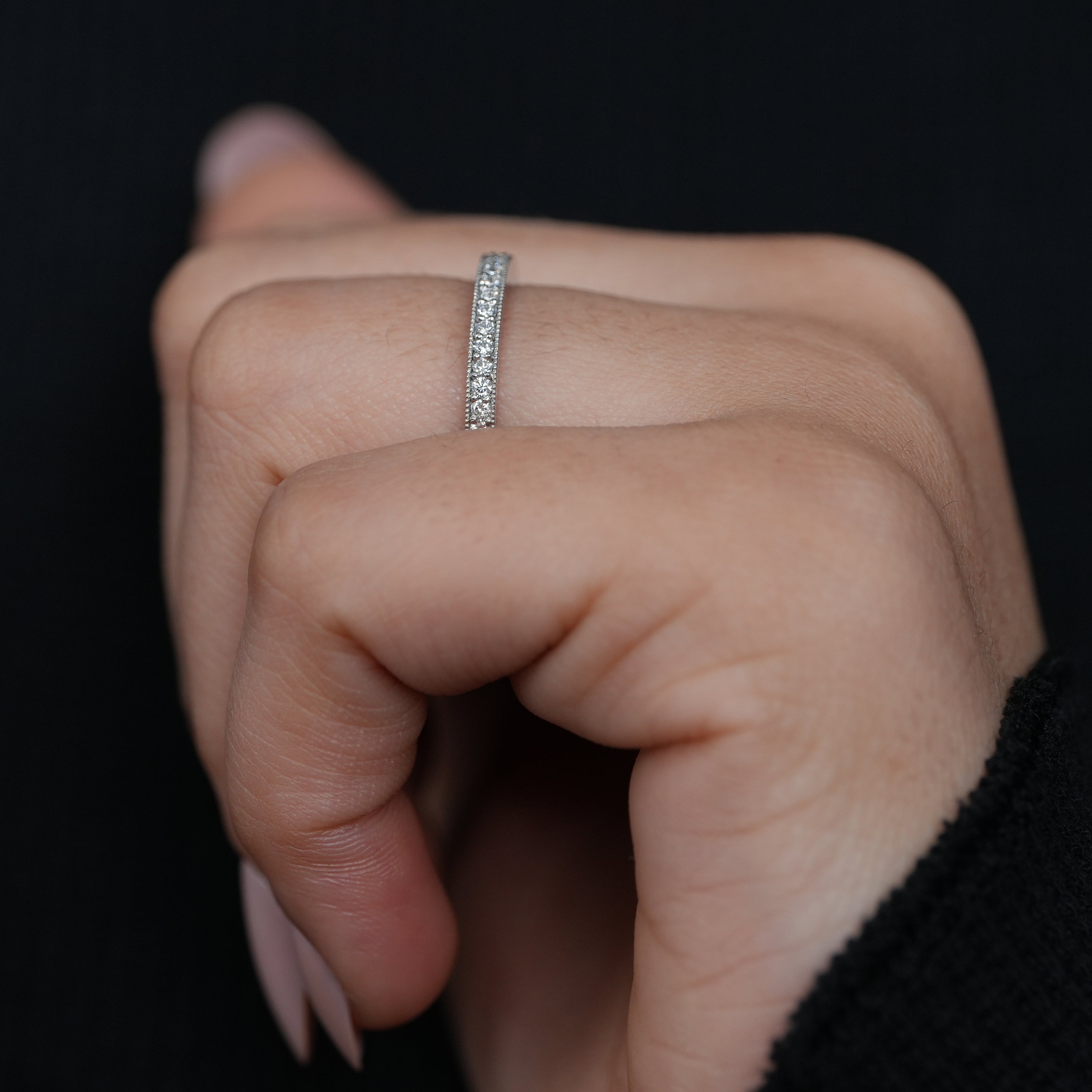 Modern slim white gold ring featuring milgrain pavé lab grown diamonds