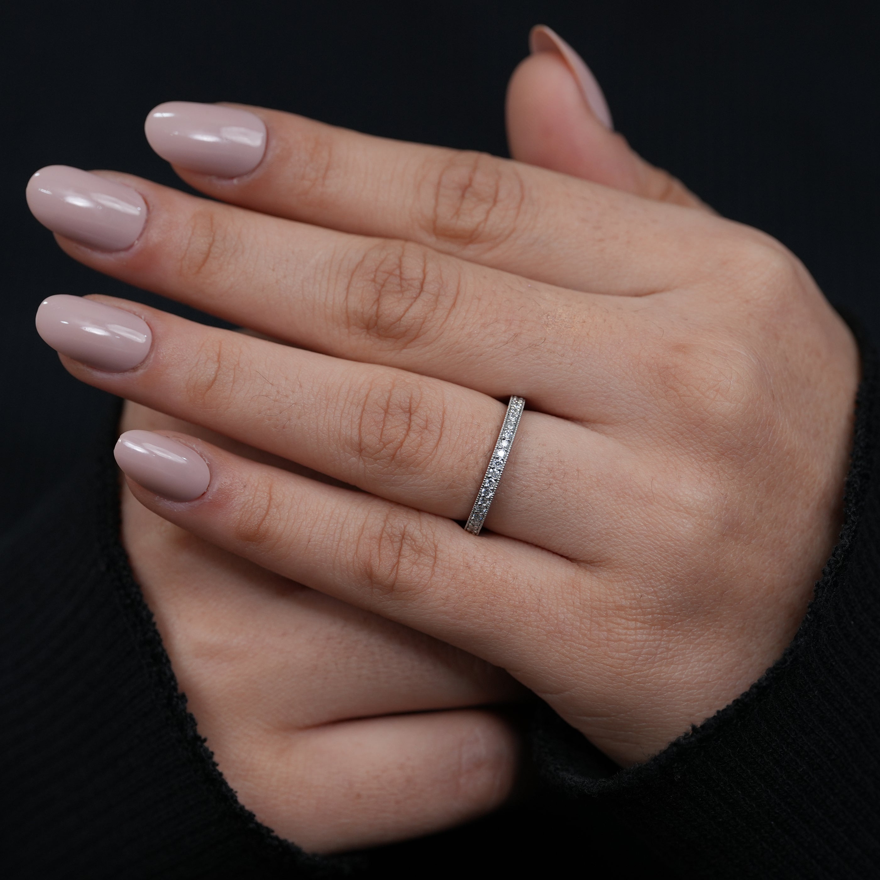 Modern slim white gold ring featuring milgrain pavé lab grown diamonds