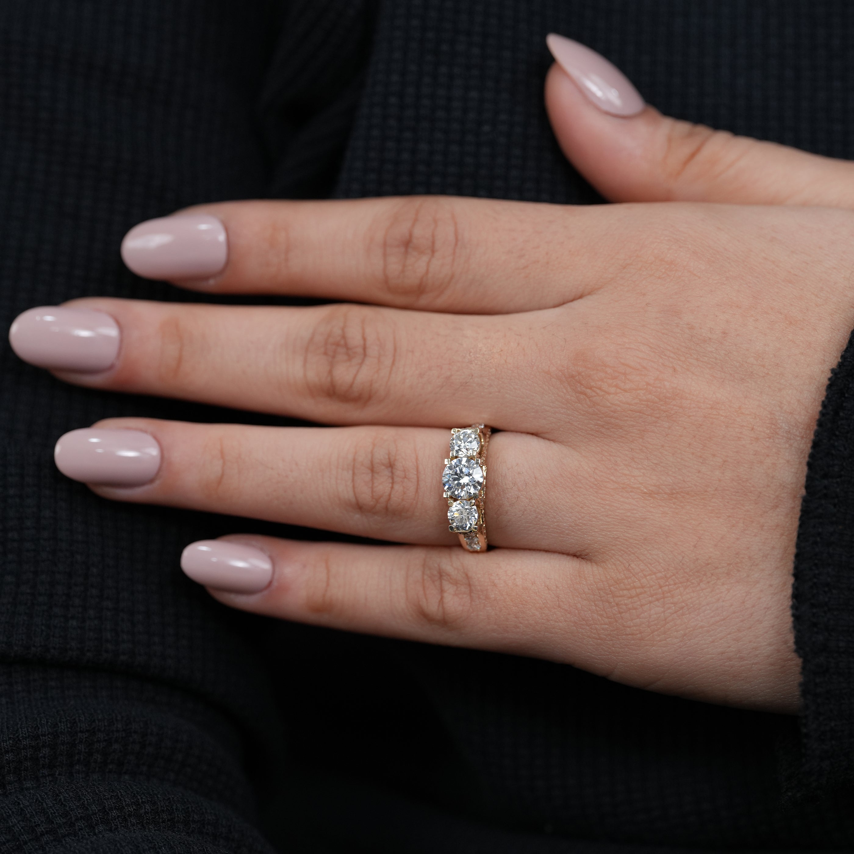 Vintage Style Three Stone Lab Diamond Engagement Ring