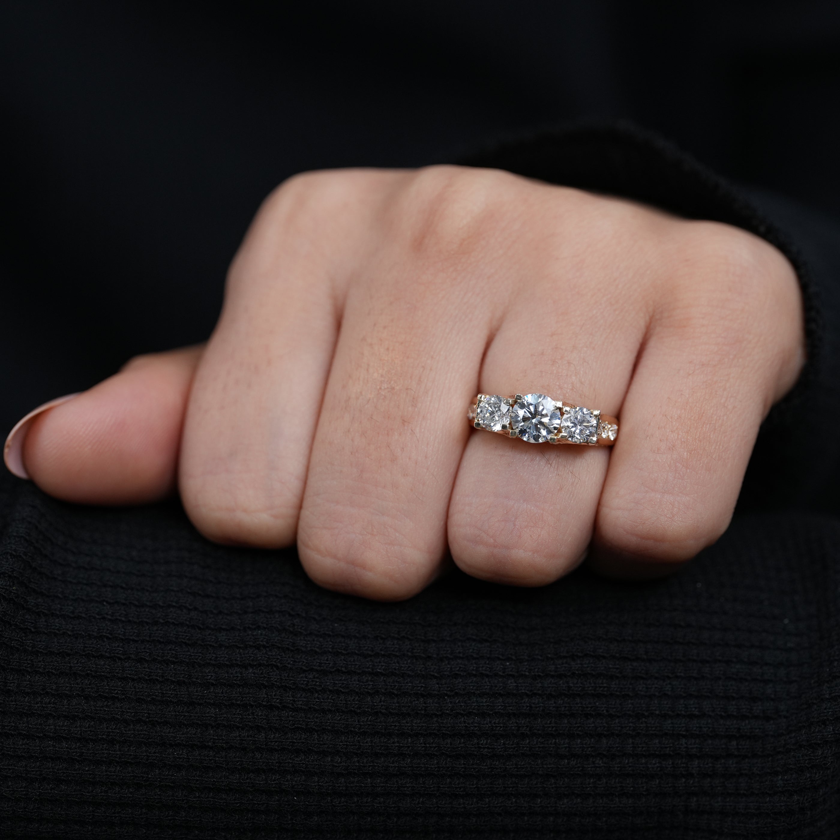 Vintage Style Three Stone Lab Diamond Engagement Ring