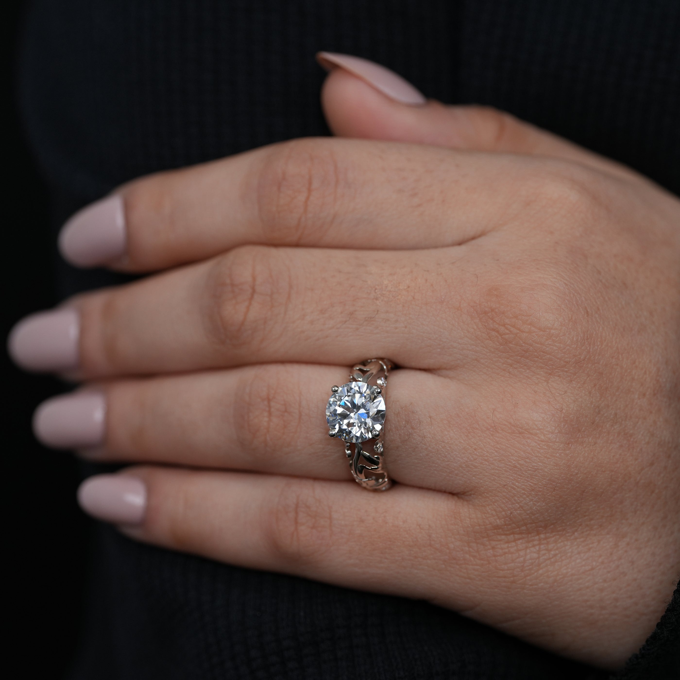 Elegant two tone gold engagement ring with round lab grown diamond and filigree
