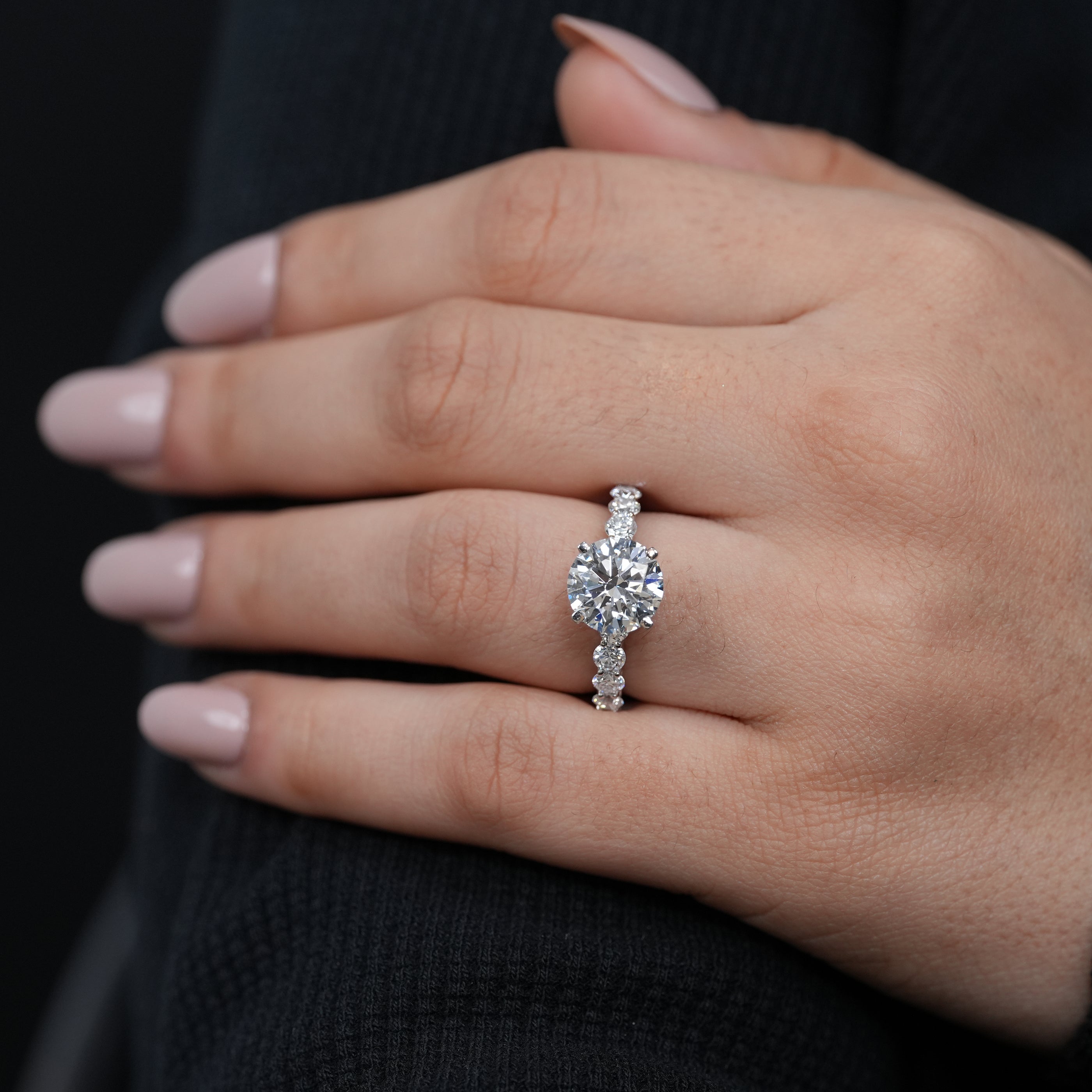Luxury round lab grown diamond solitaire ring modern pavé setting bridal