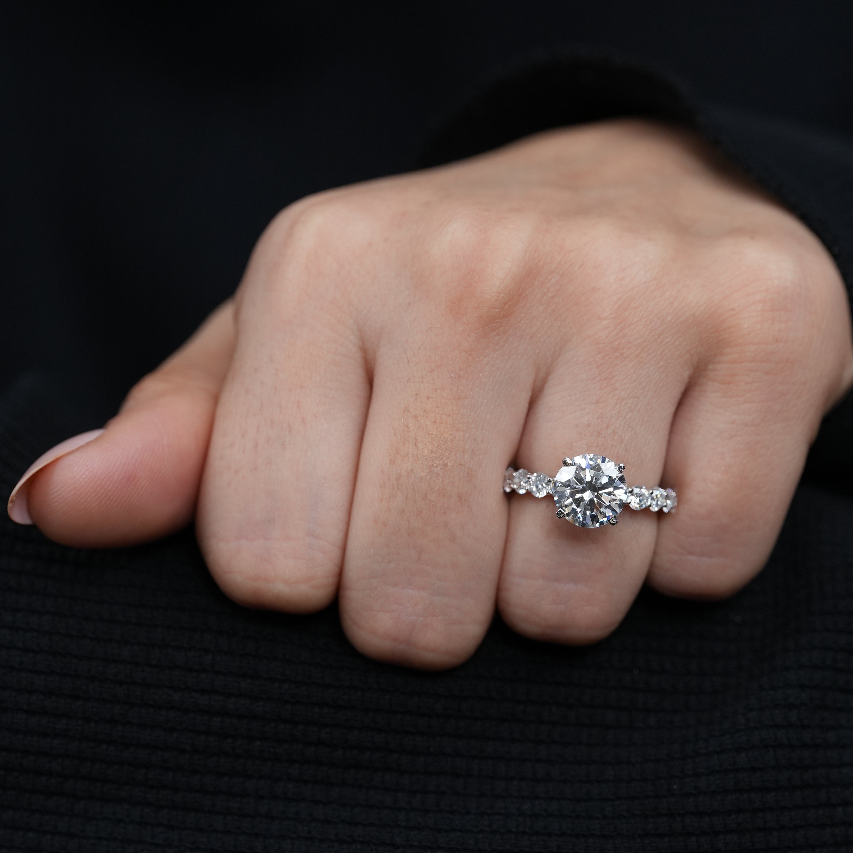 Timeless round lab grown diamond engagement ring minimalist white metal pavé band
