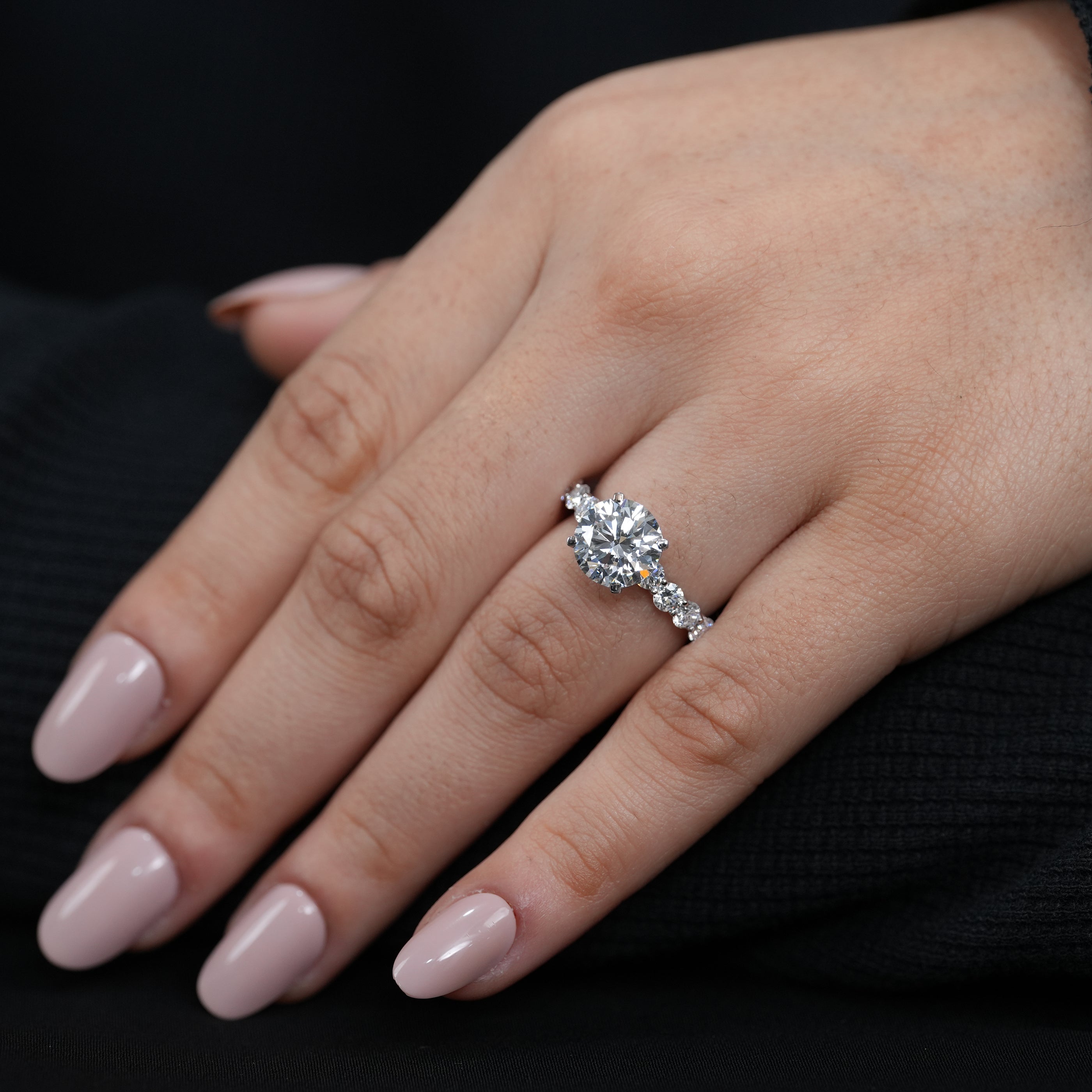 Brilliant round lab grown diamond ring refined pavé shank contemporary bridal style