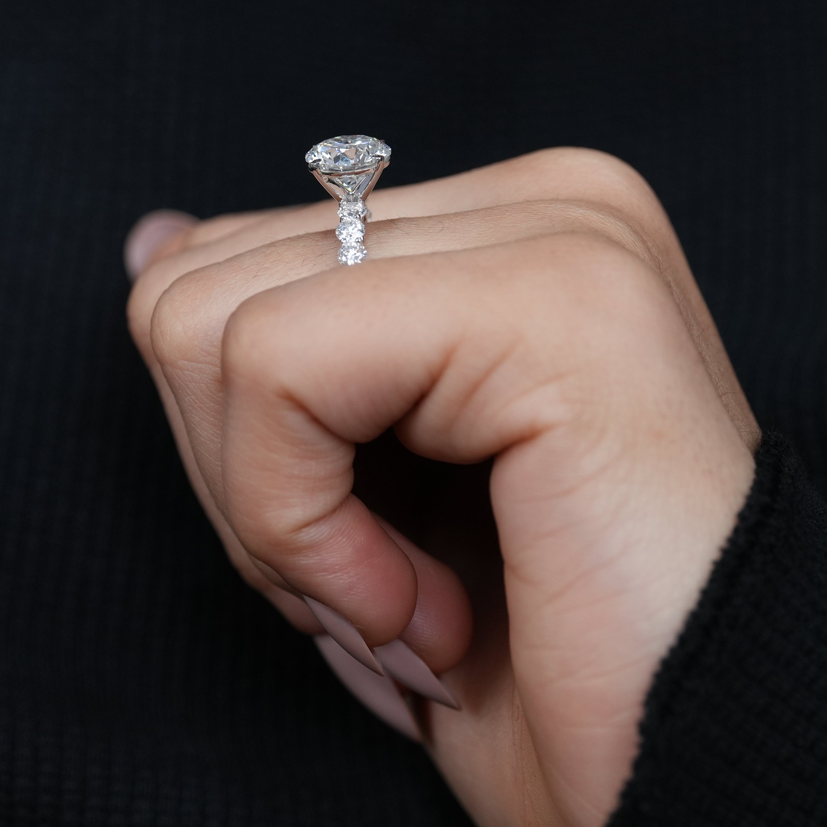 Fine jewelry round lab grown diamond solitaire ring elegant pavé accent band