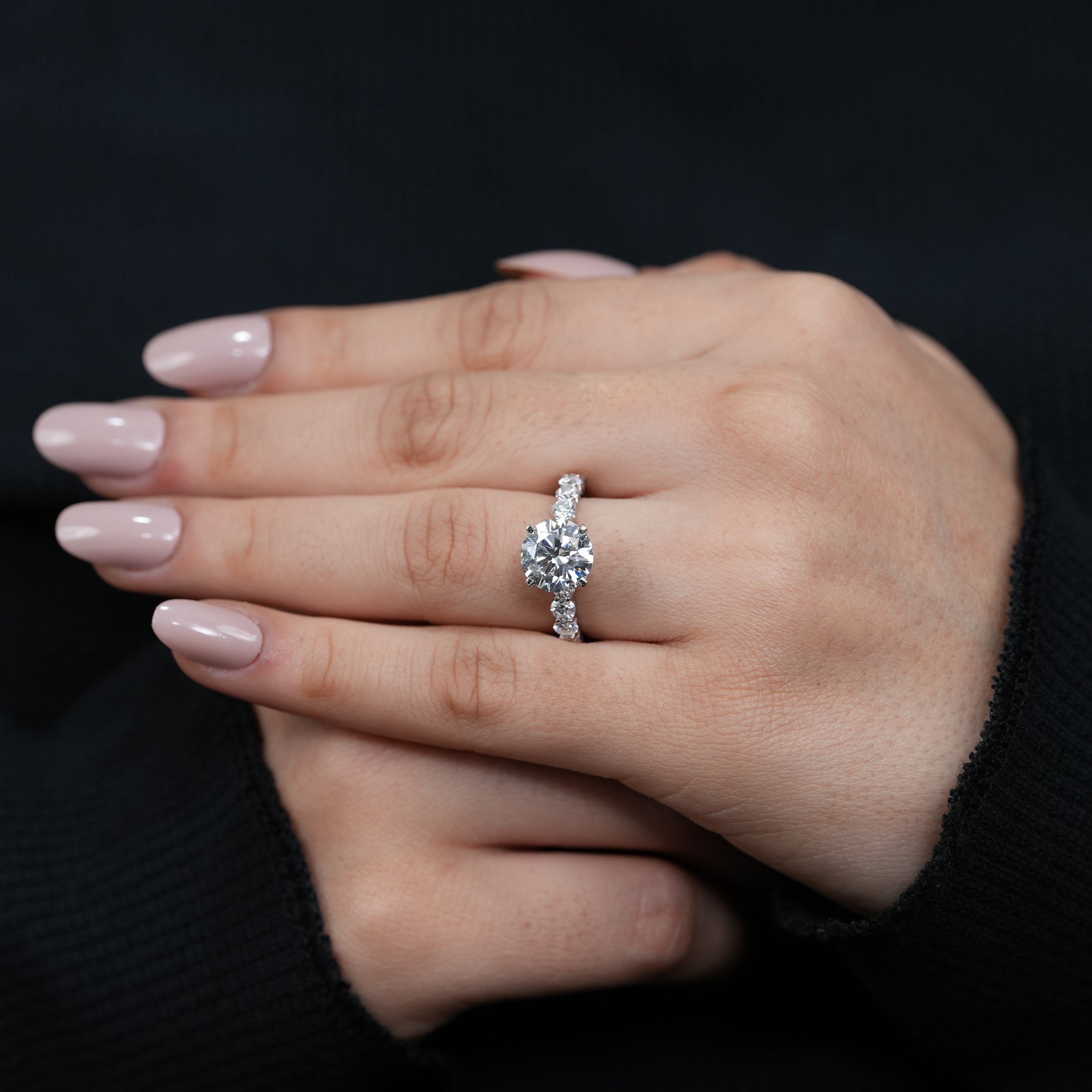 Modern round lab grown diamond solitaire ring sleek pavé band proposal ready