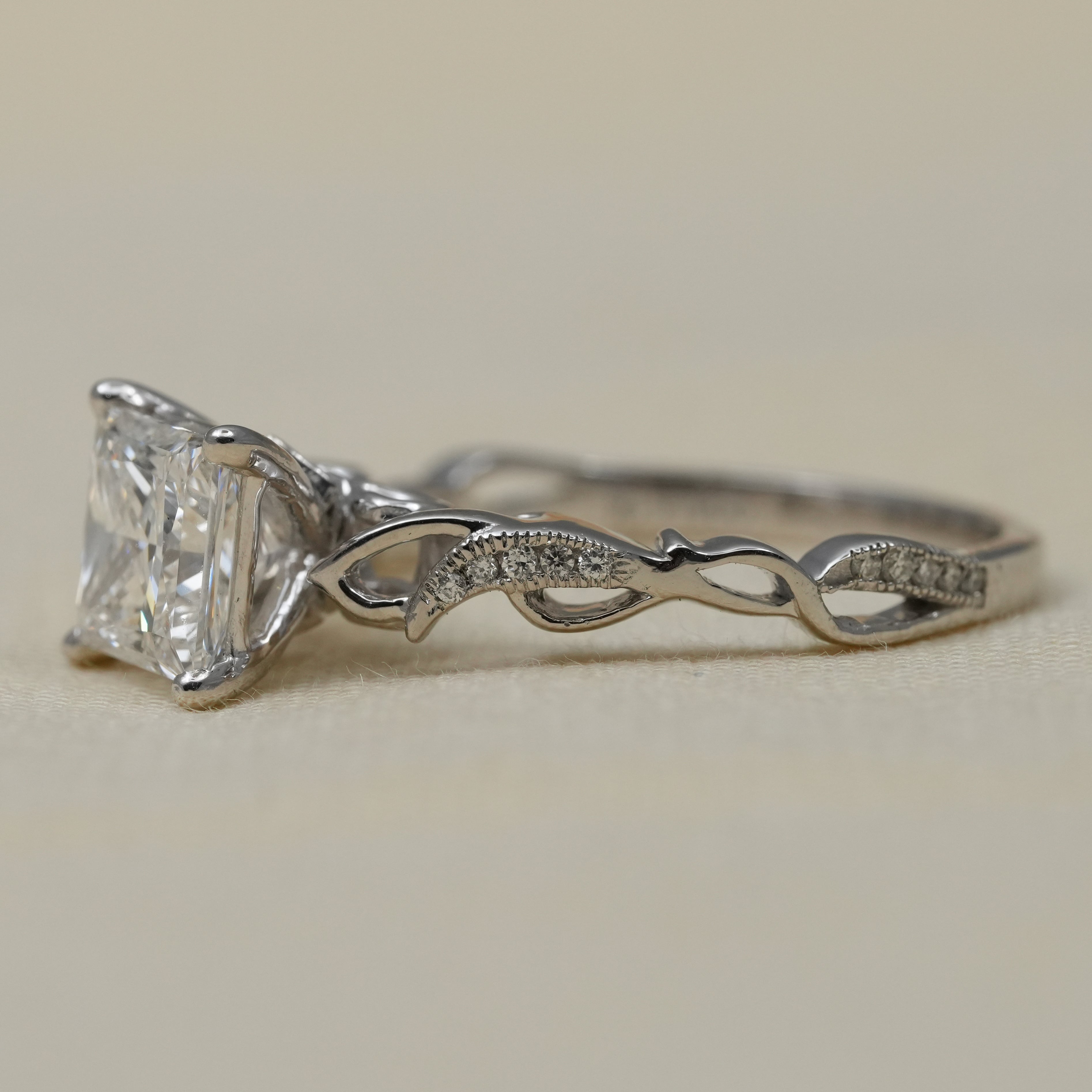 Square lab grown diamond solitaire ring white gold infinity inspired band.