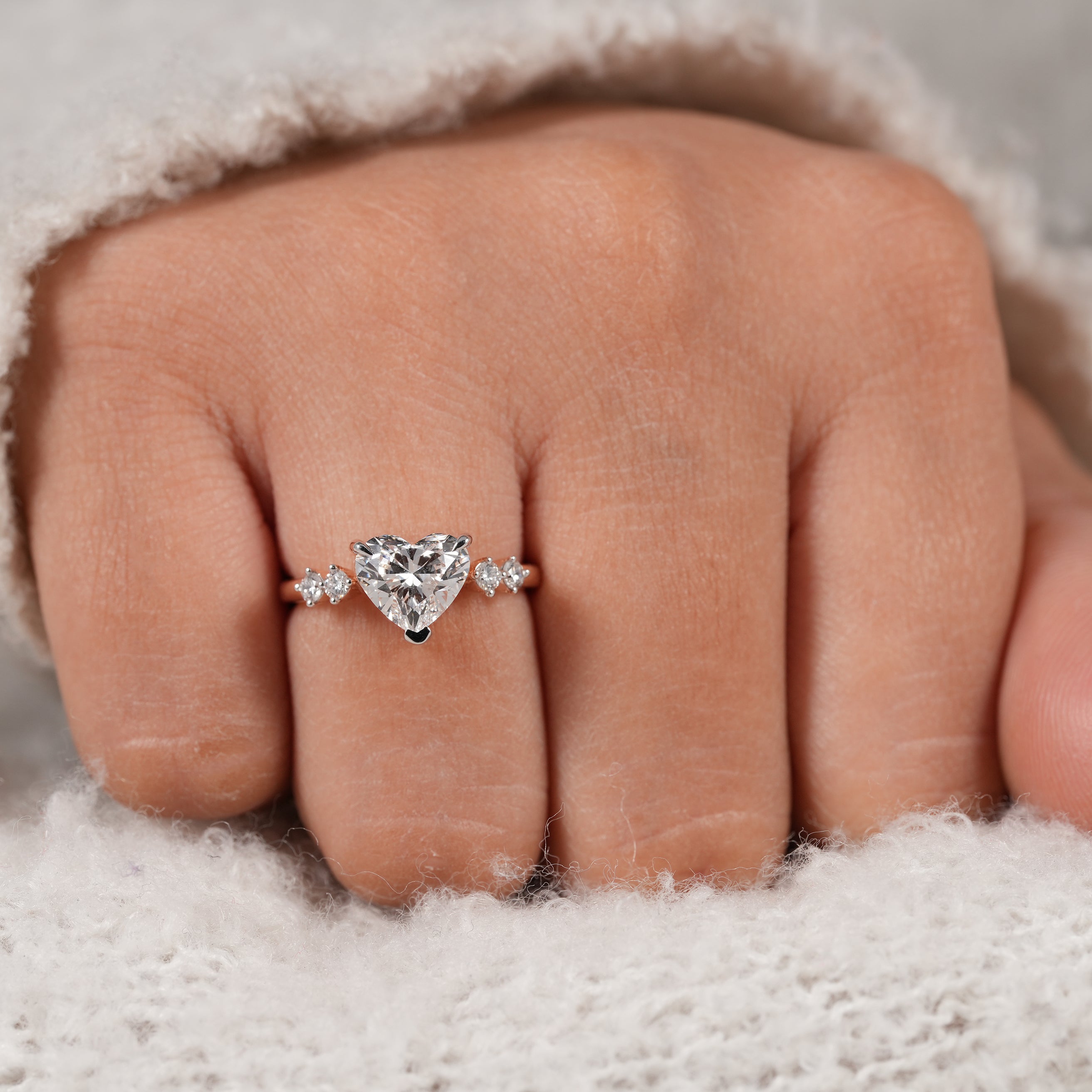 Heart Shaped Solitaire Lab Diamond Ring with Petite Round Accent Diamonds