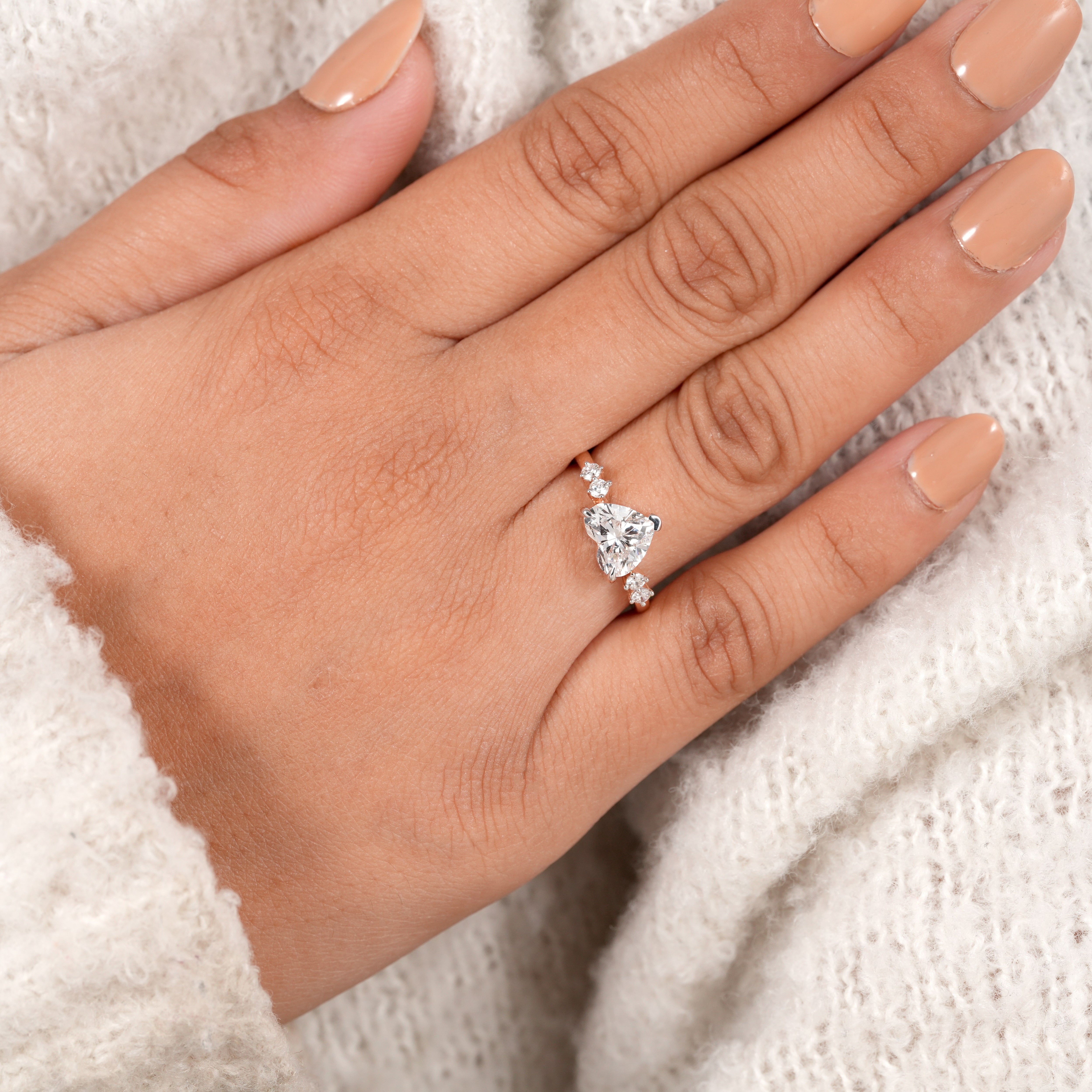 Vintage Inspired Heart Lab Diamond Engagement Ring with Sparkling Side Stones