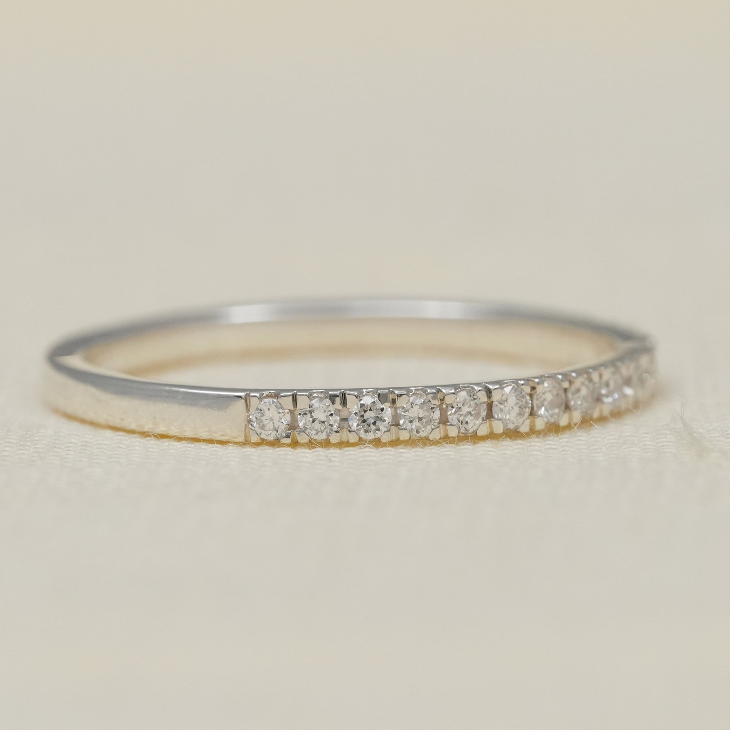 Fine jewelry lab grown diamond stacking ring slender pavé white yellow gold.
