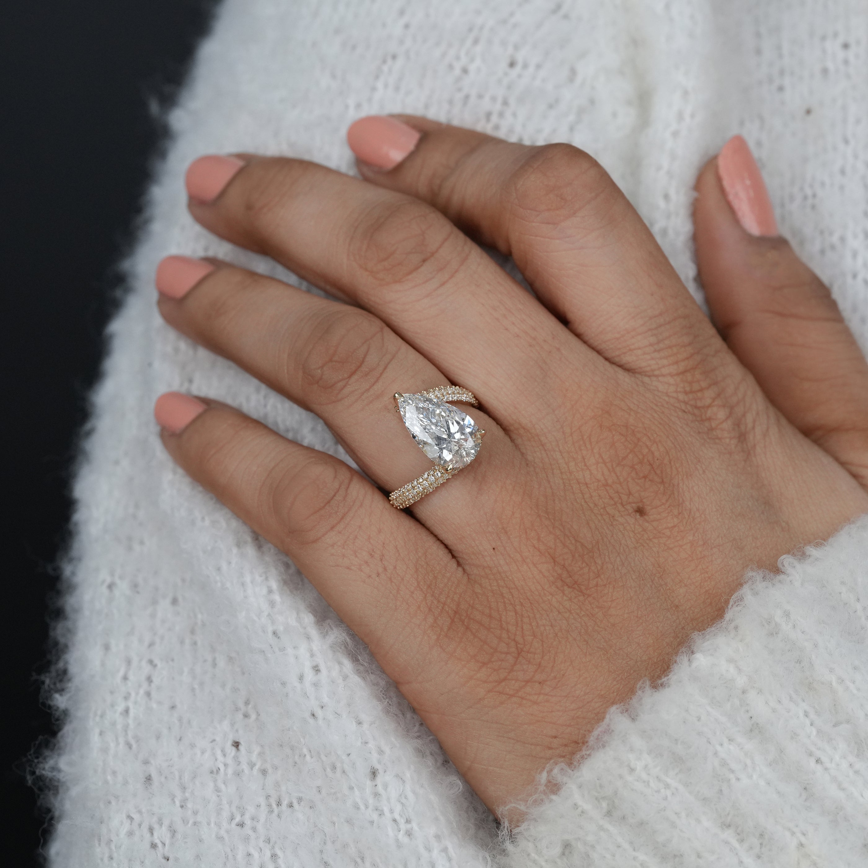 Statement pear lab grown diamond engagement ring with luxury pavé detail