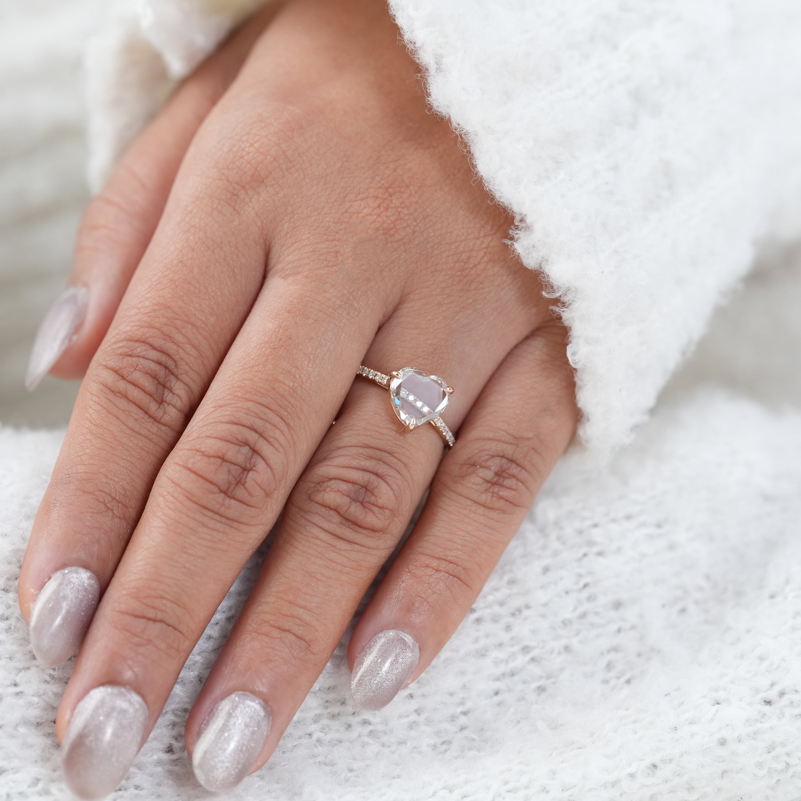 Luxury Rose Heart Cut Lab Diamond Open Band Gold Ring