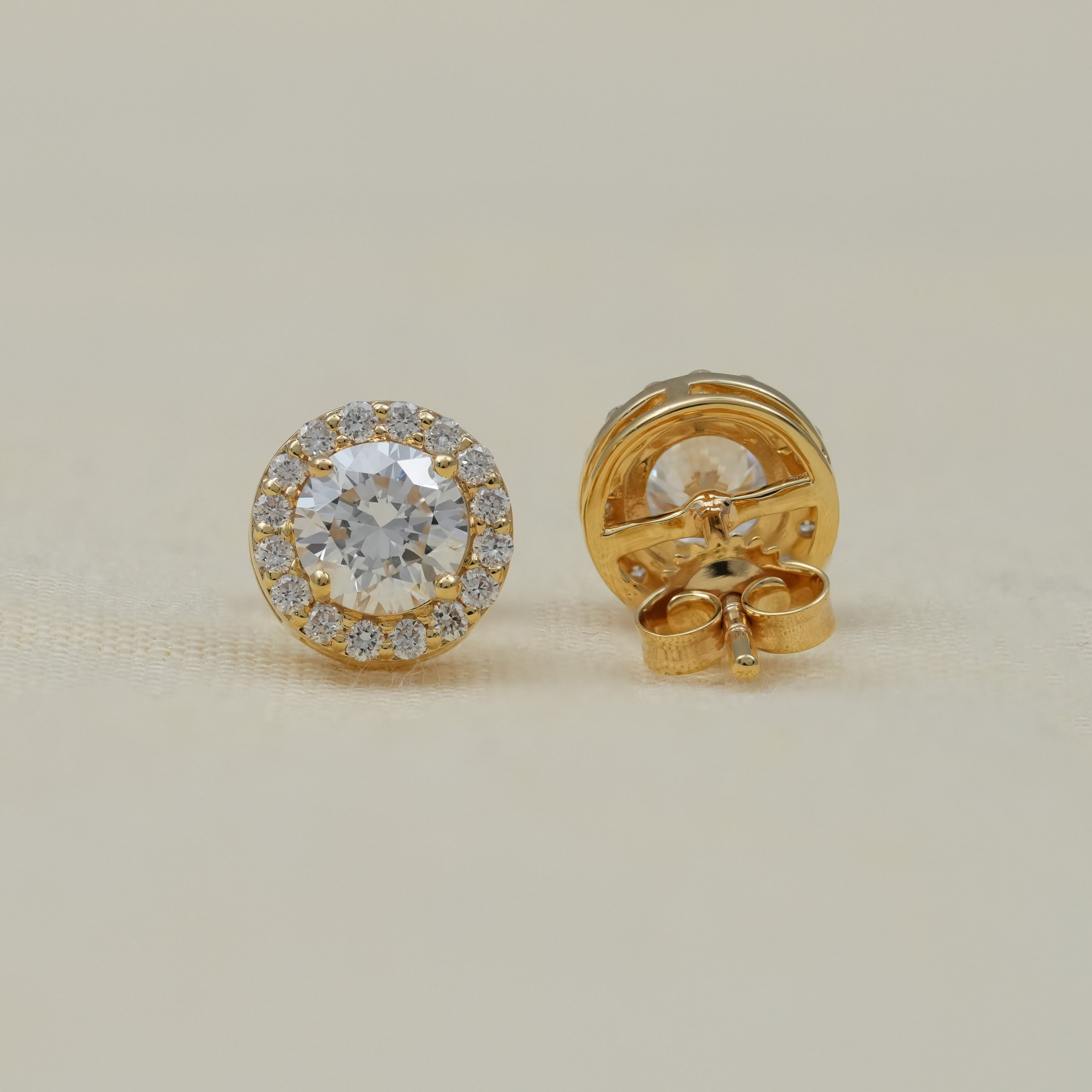 Luxury Round Halo Lab Diamond Gold Stud Earrings