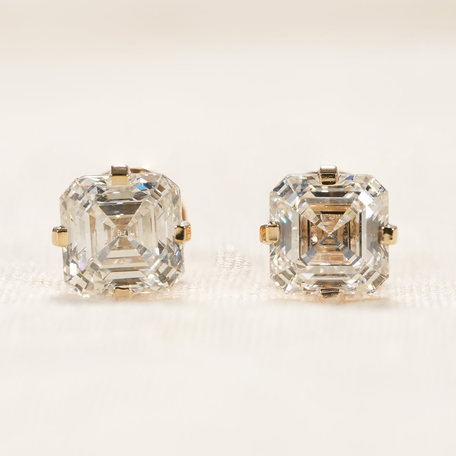 Classic Asscher cut lab diamond stud earrings in yellow gold setting