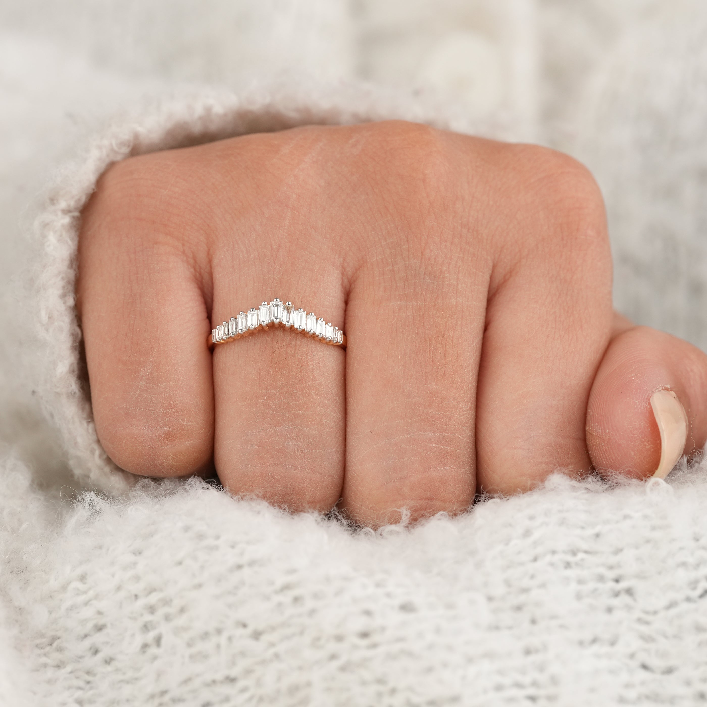 Elegant Baguette Lab Diamond Curved Wedding Band