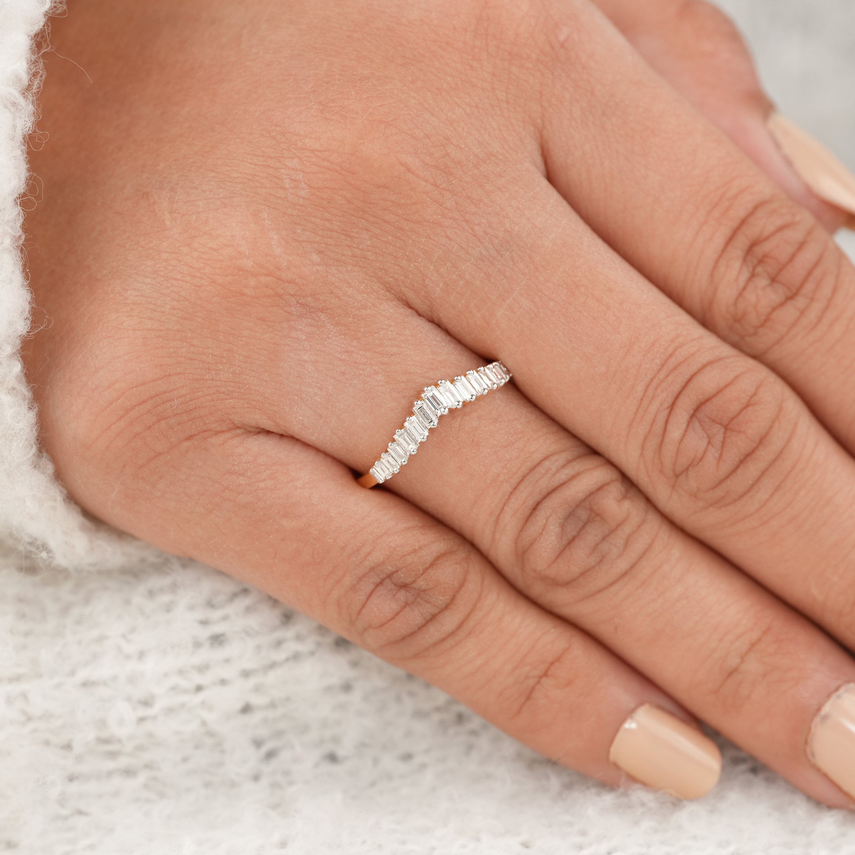 Elegant Baguette Lab Diamond Curved Wedding Band