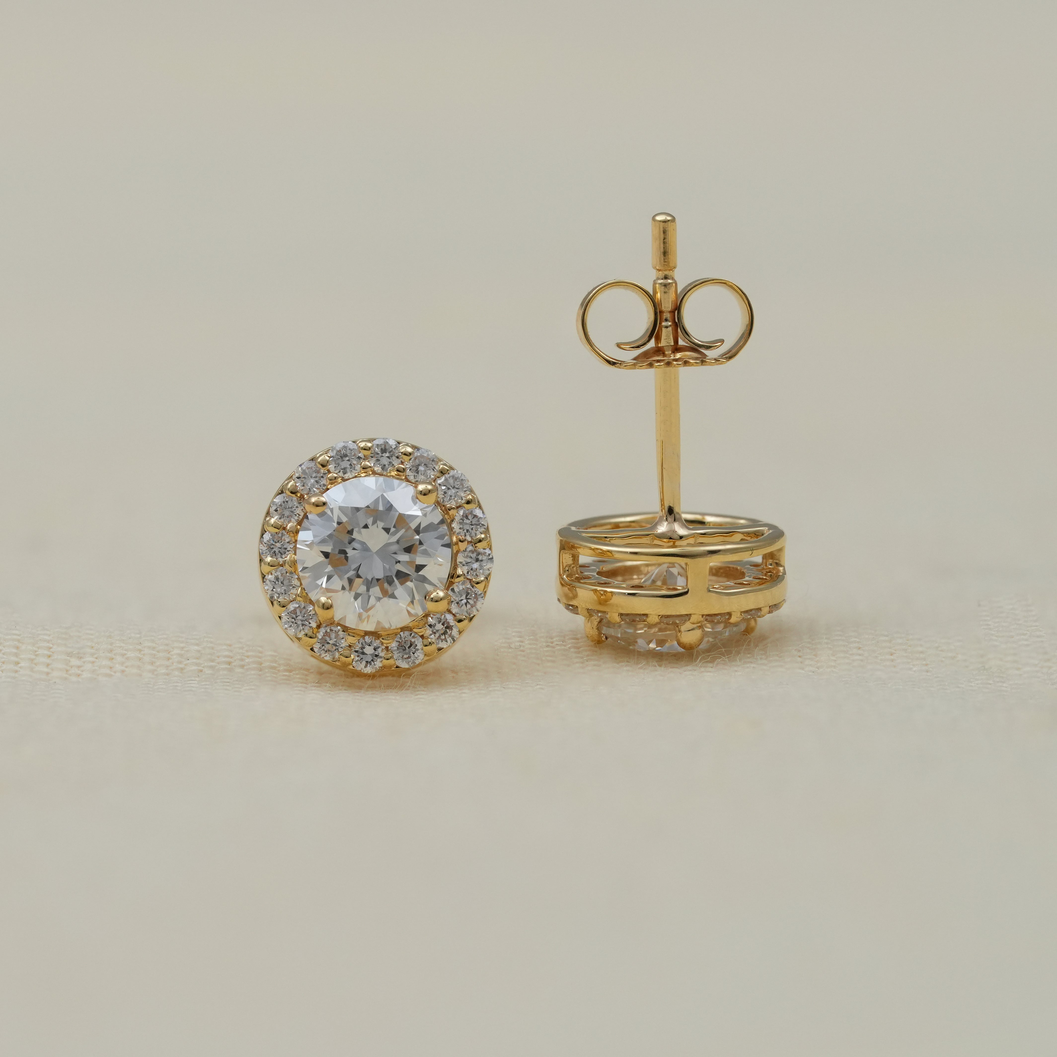 Luxury Round Halo Lab Diamond Gold Stud Earrings