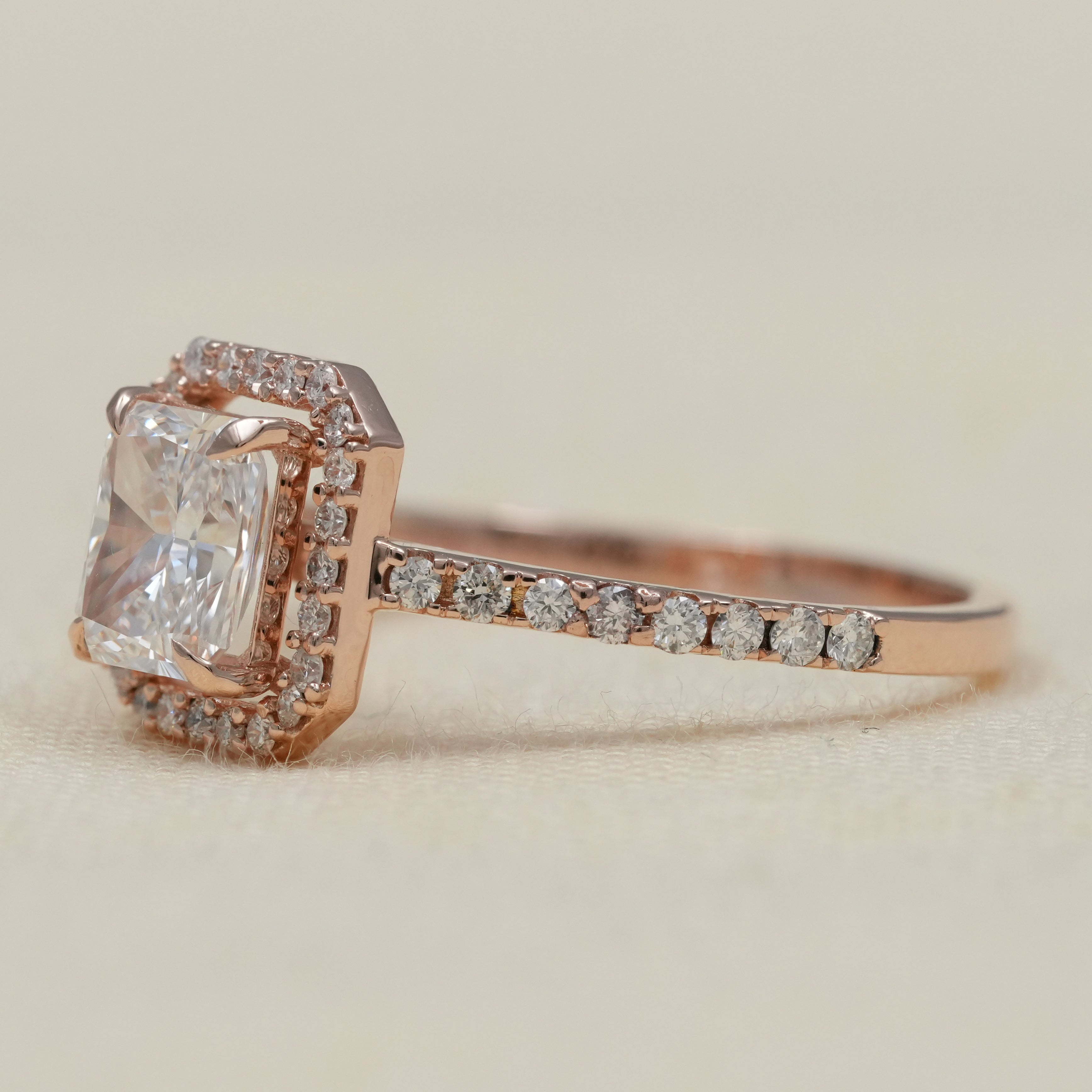Rose gold radiant lab grown diamond ring with diamond band