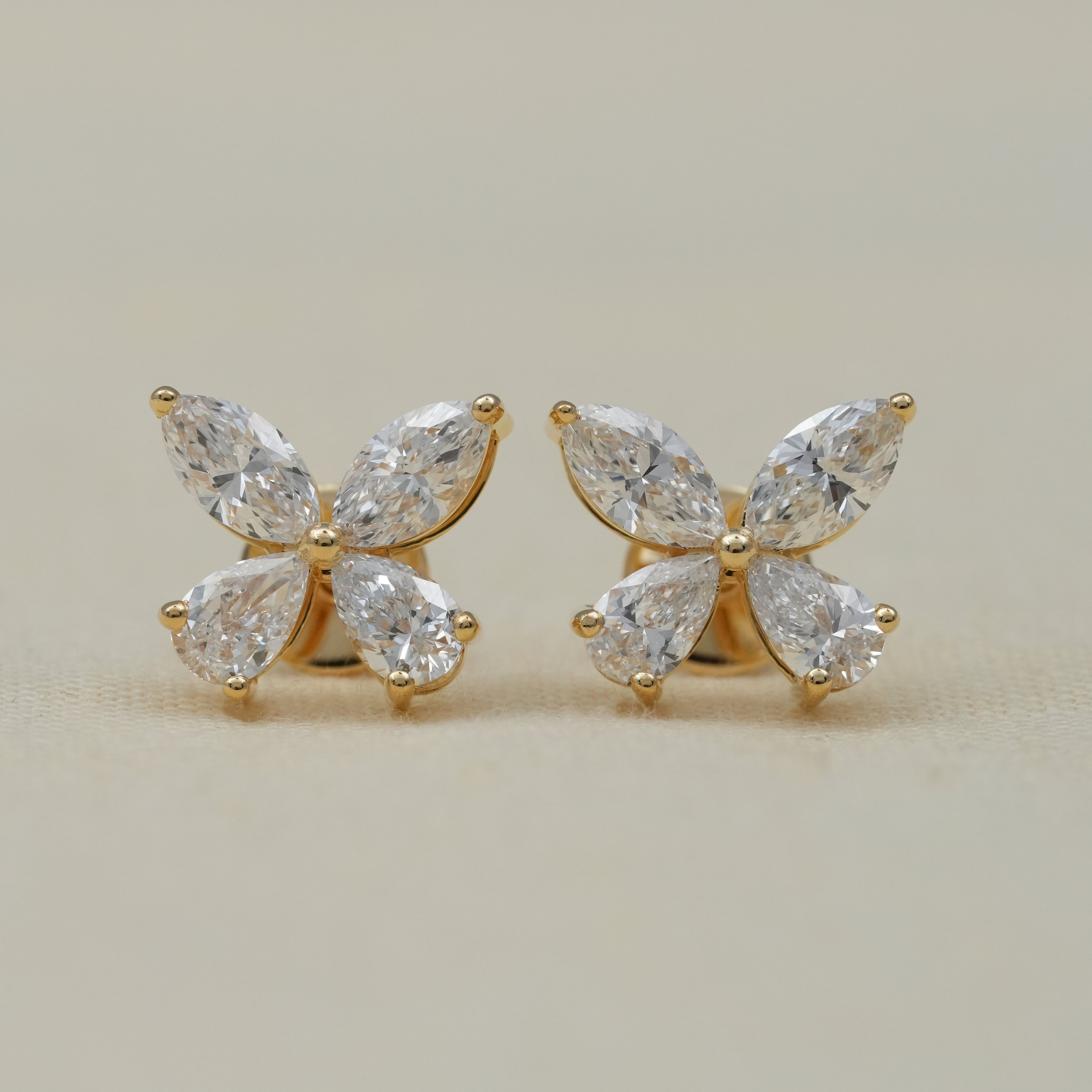 Luxury Marquise & Pear Floral Lab Diamond Gold Stud Earrings