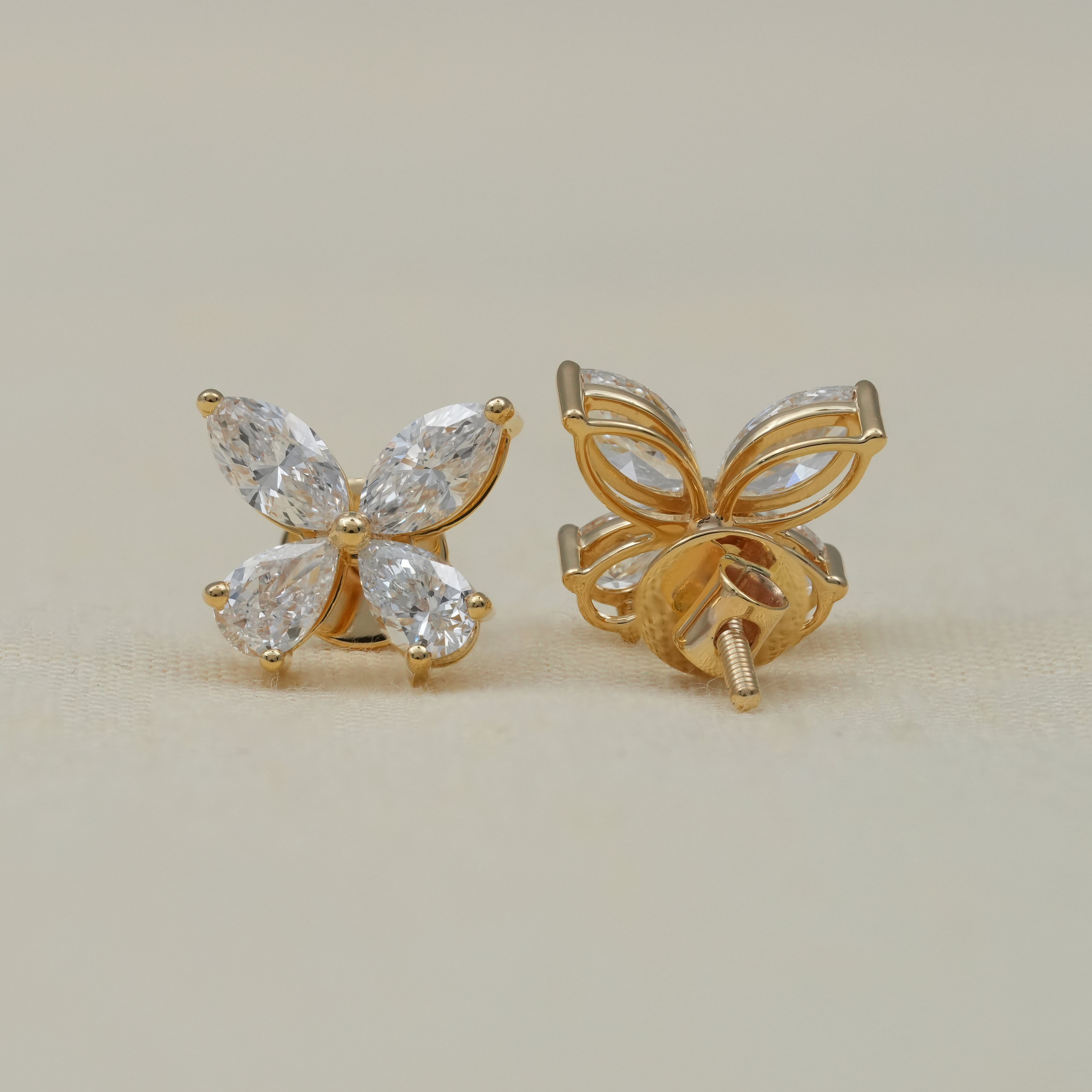 Luxury Marquise & Pear Floral Lab Diamond Gold Stud Earrings