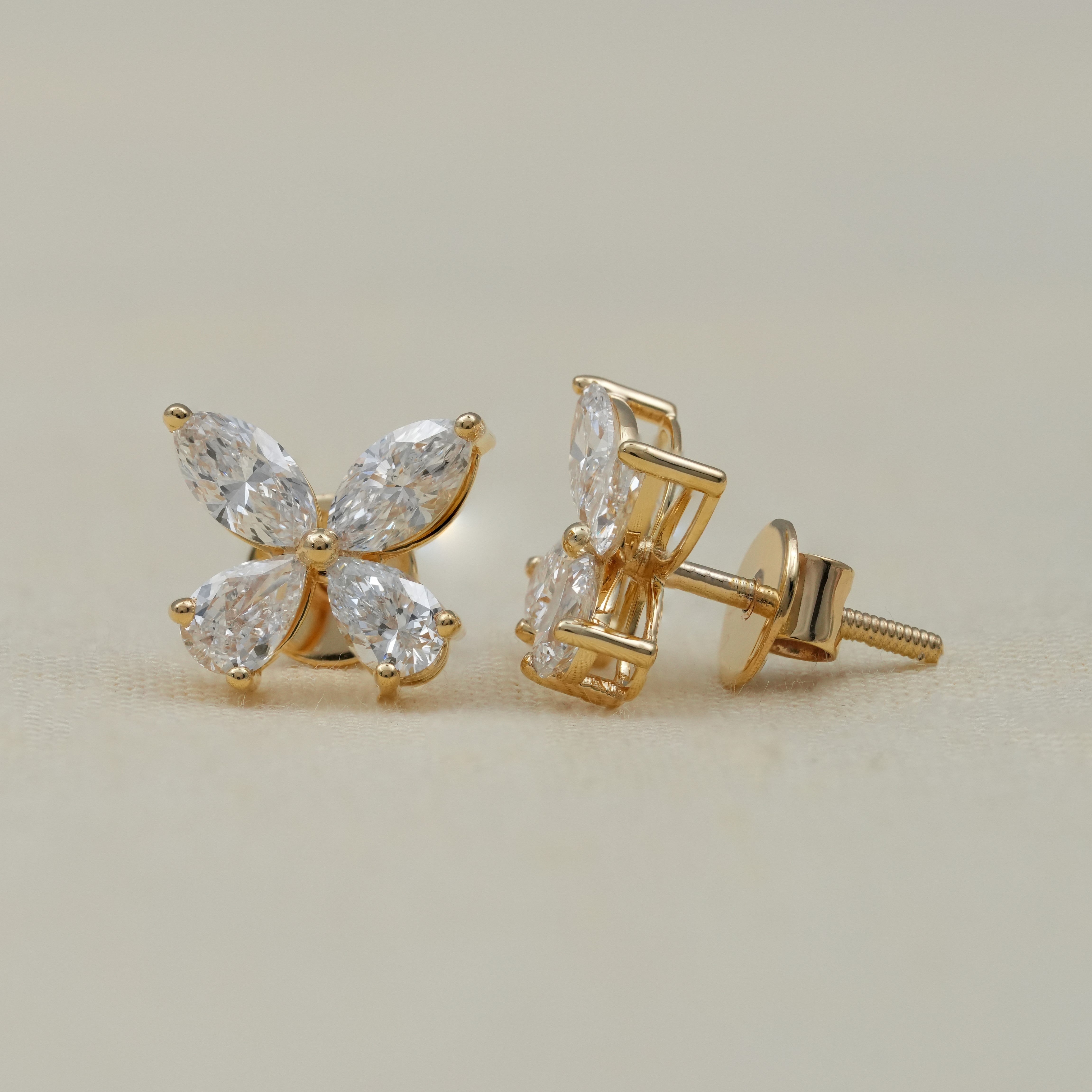 Luxury Marquise & Pear Floral Lab Diamond Gold Stud Earrings