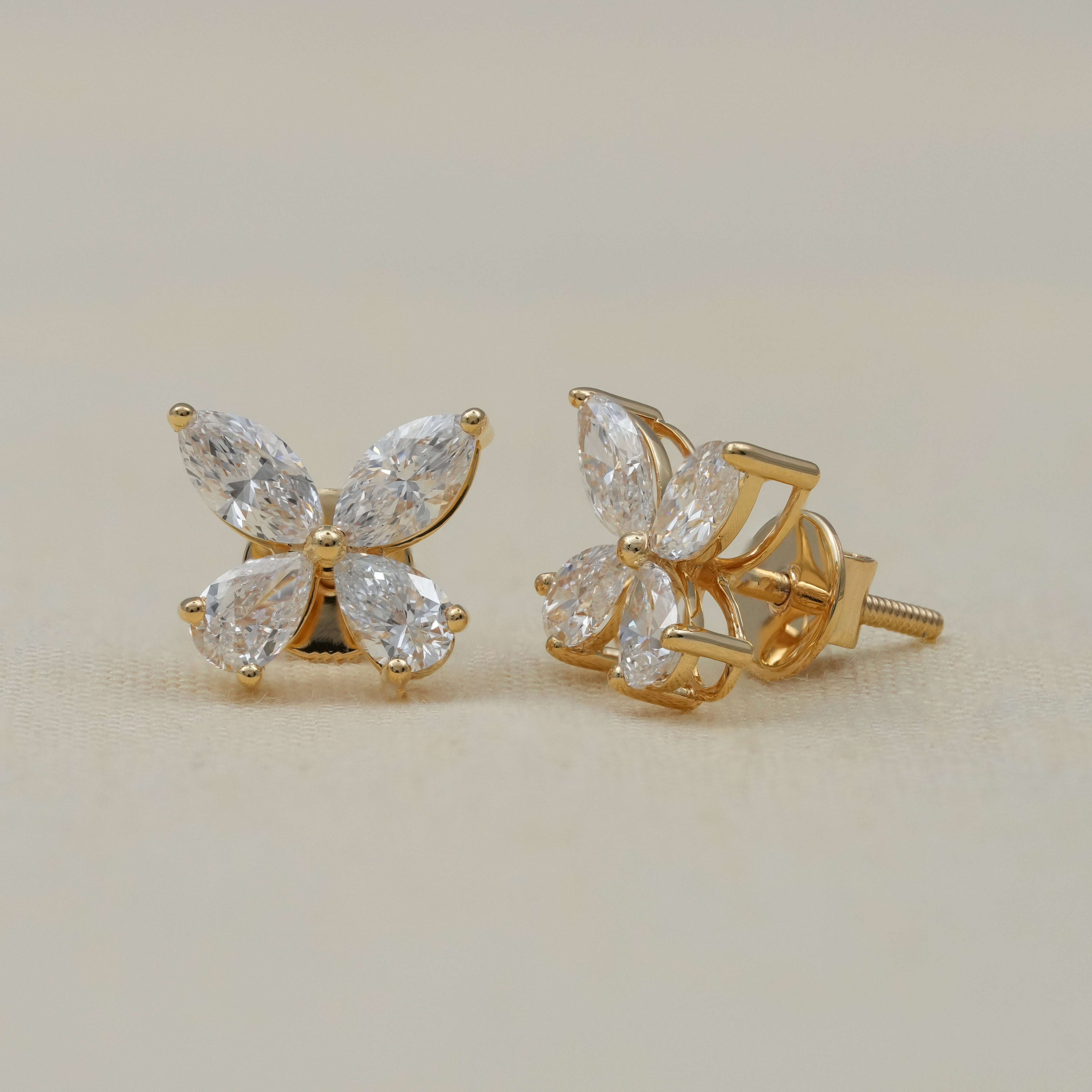 Luxury Marquise & Pear Floral Lab Diamond Gold Stud Earrings