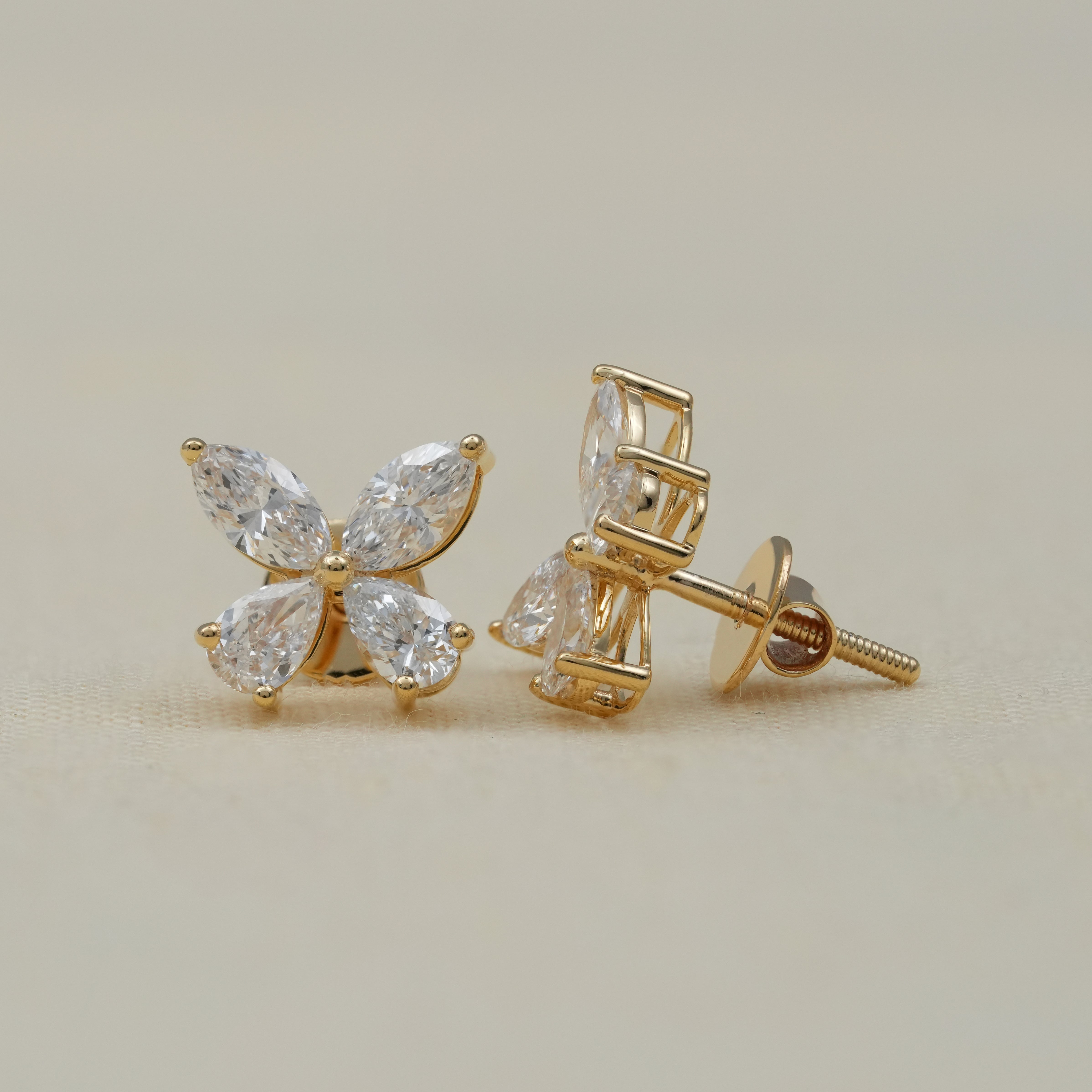 Luxury Marquise & Pear Floral Lab Diamond Gold Stud Earrings