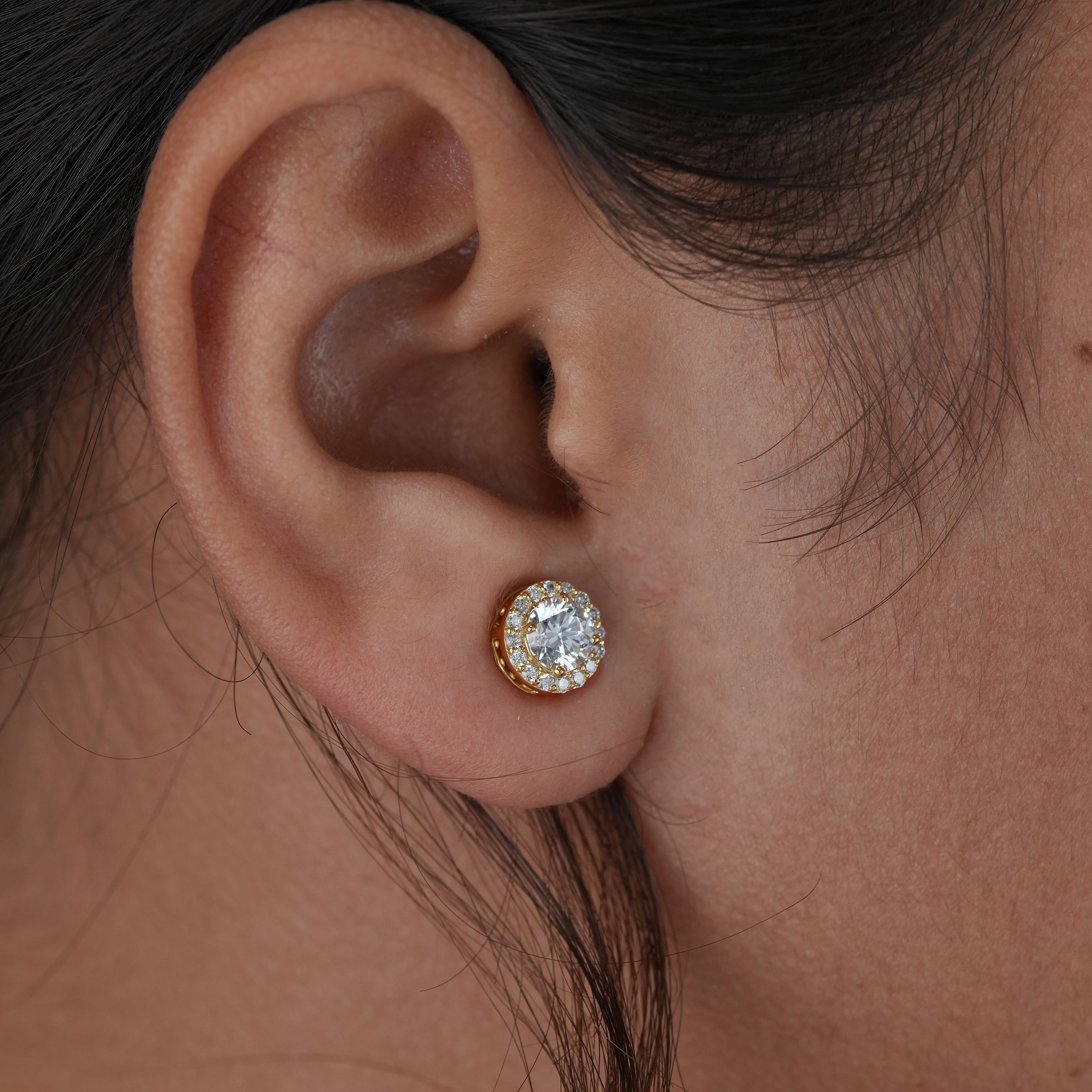 Luxury Round Halo Lab Diamond Gold Stud Earrings