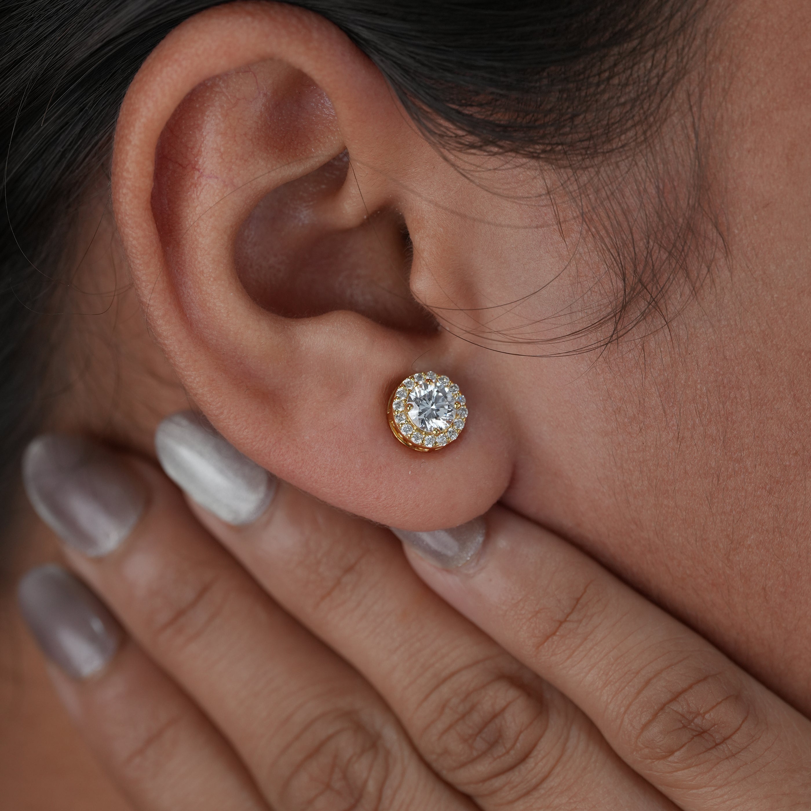 Luxury Round Halo Lab Diamond Gold Stud Earrings