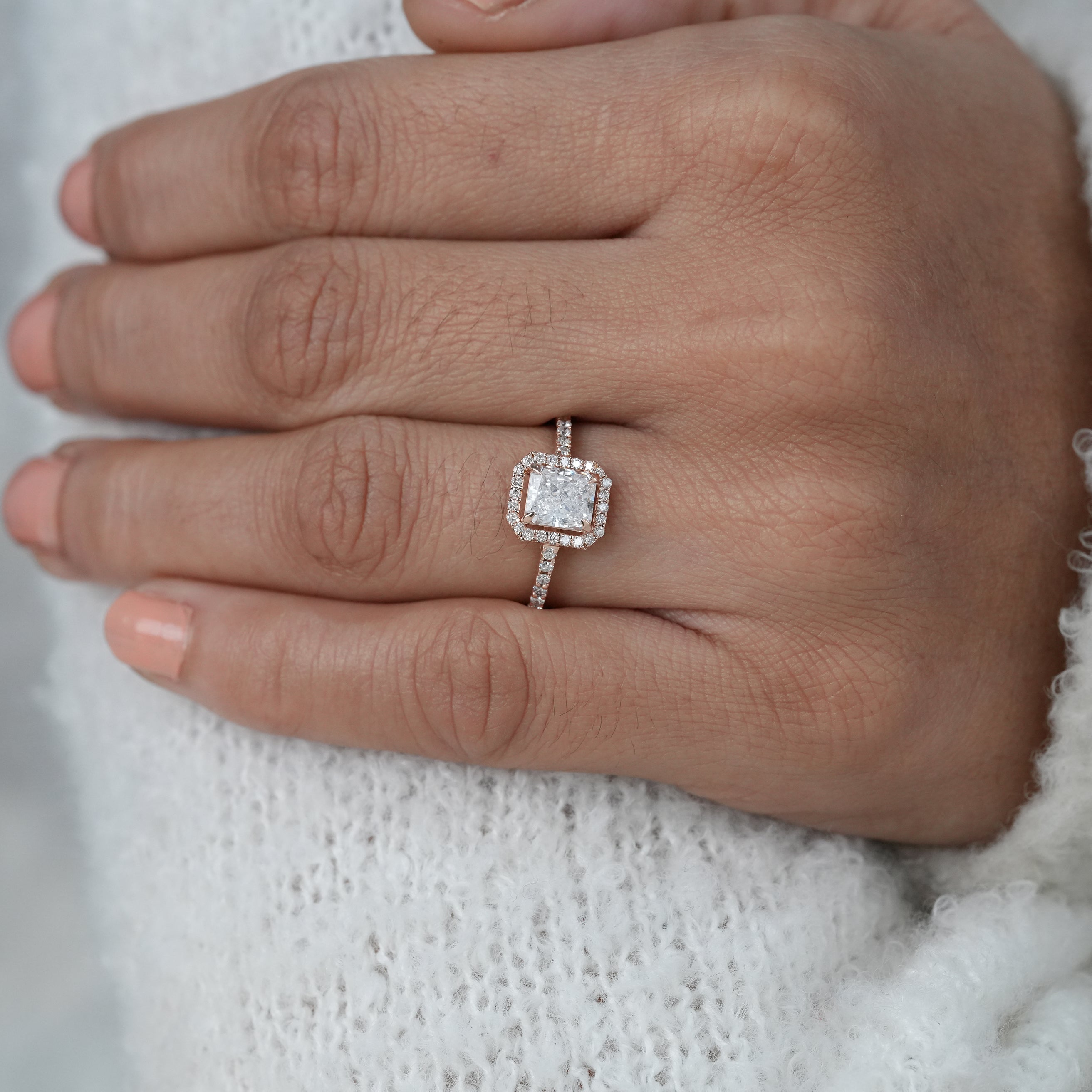 Fine jewelry radiant lab grown diamond halo ring in rose gold