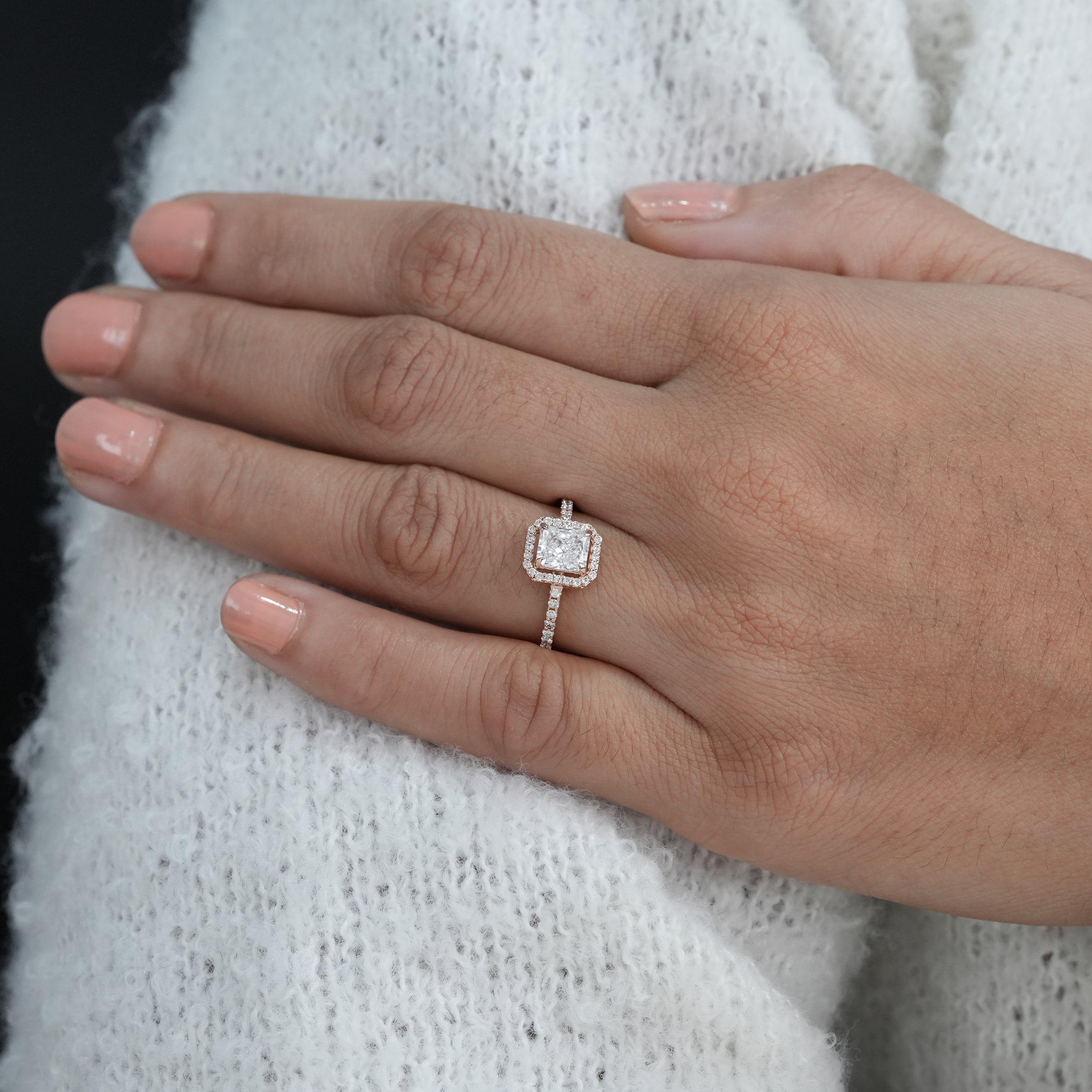 Classic halo radiant lab grown diamond engagement ring