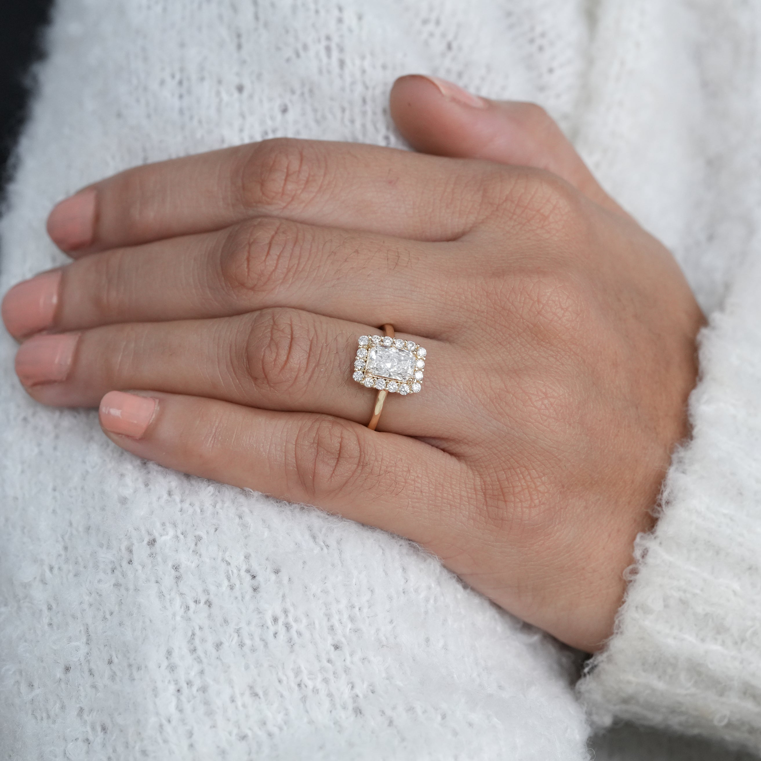 Fine jewelry rectangular radiant lab grown diamond ring with halo sparkle